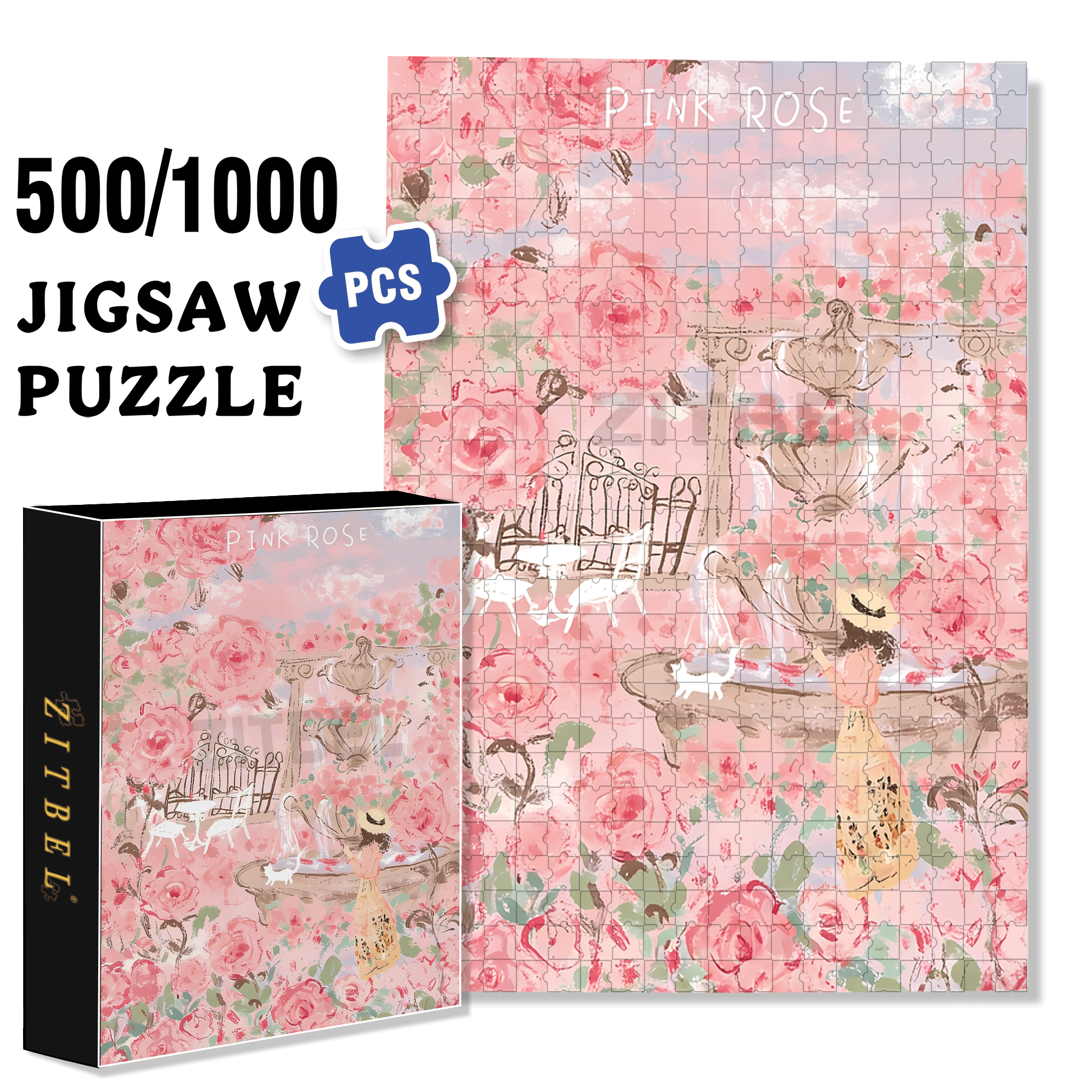 Sunshine Pink Rose 500pcs/1000pcs Jigsaw Puzzle, Scratch-Resistant, Interactive Family Game & Brain-Boosting DIY Decor, Perfect for Halloween, Christmas & New Year Gifts, Family Puzzle Game