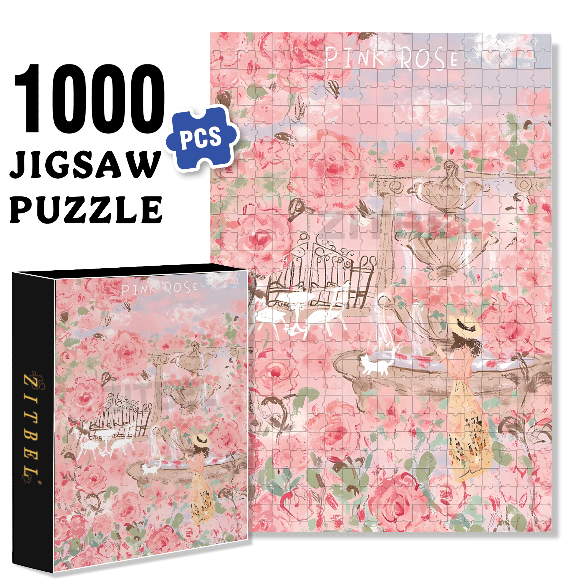 Sunshine Pink Rose 500pcs/1000pcs Jigsaw Puzzle, Scratch-Resistant, Interactive Family Game & Brain-Boosting DIY Decor, Perfect for Halloween, Christmas & New Year Gifts, Family Puzzle Game