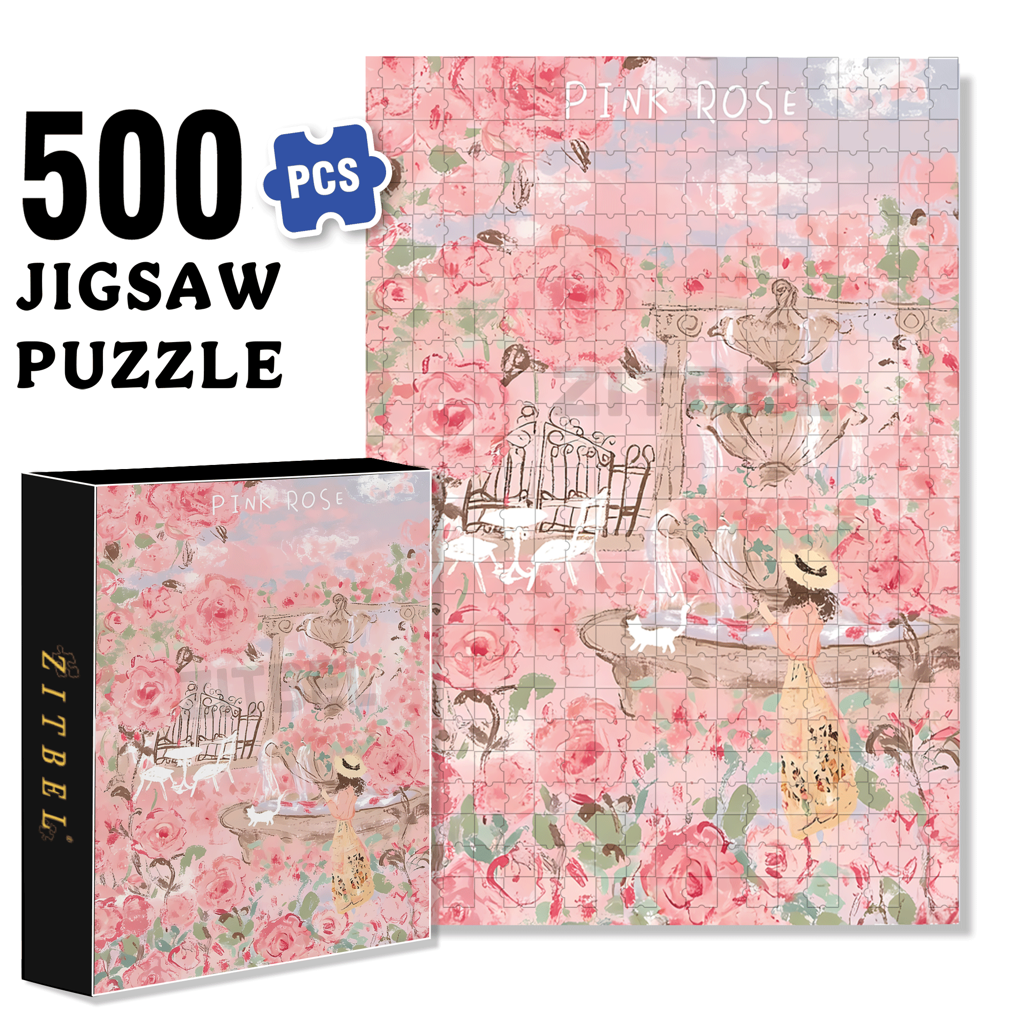 Sunshine Pink Rose 500pcs/1000pcs Jigsaw Puzzle, Scratch-Resistant, Interactive Family Game & Brain-Boosting DIY Decor, Perfect for Halloween, Christmas & New Year Gifts, Family Puzzle Game