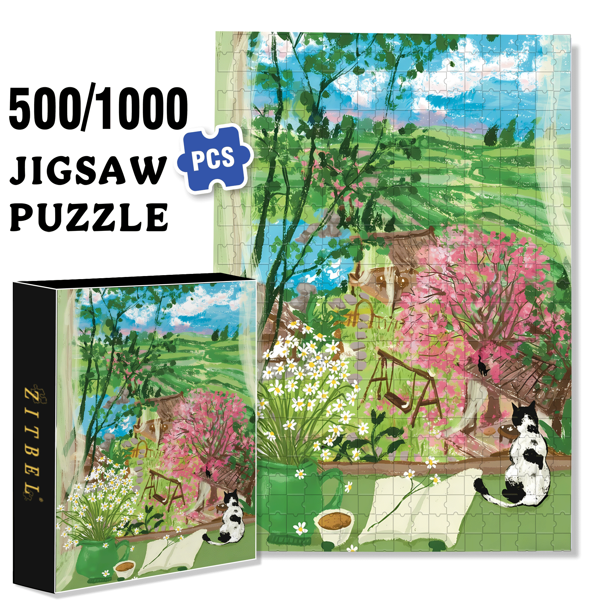 Tea Garden Outside the Window 500pcs/1000pcs Jigsaw Puzzle, Scratch-Resistant, Interactive Family Game & Brain-Boosting DIY Decor, Perfect for Halloween, Christmas & New Year Gifts, Family Puzzle Game