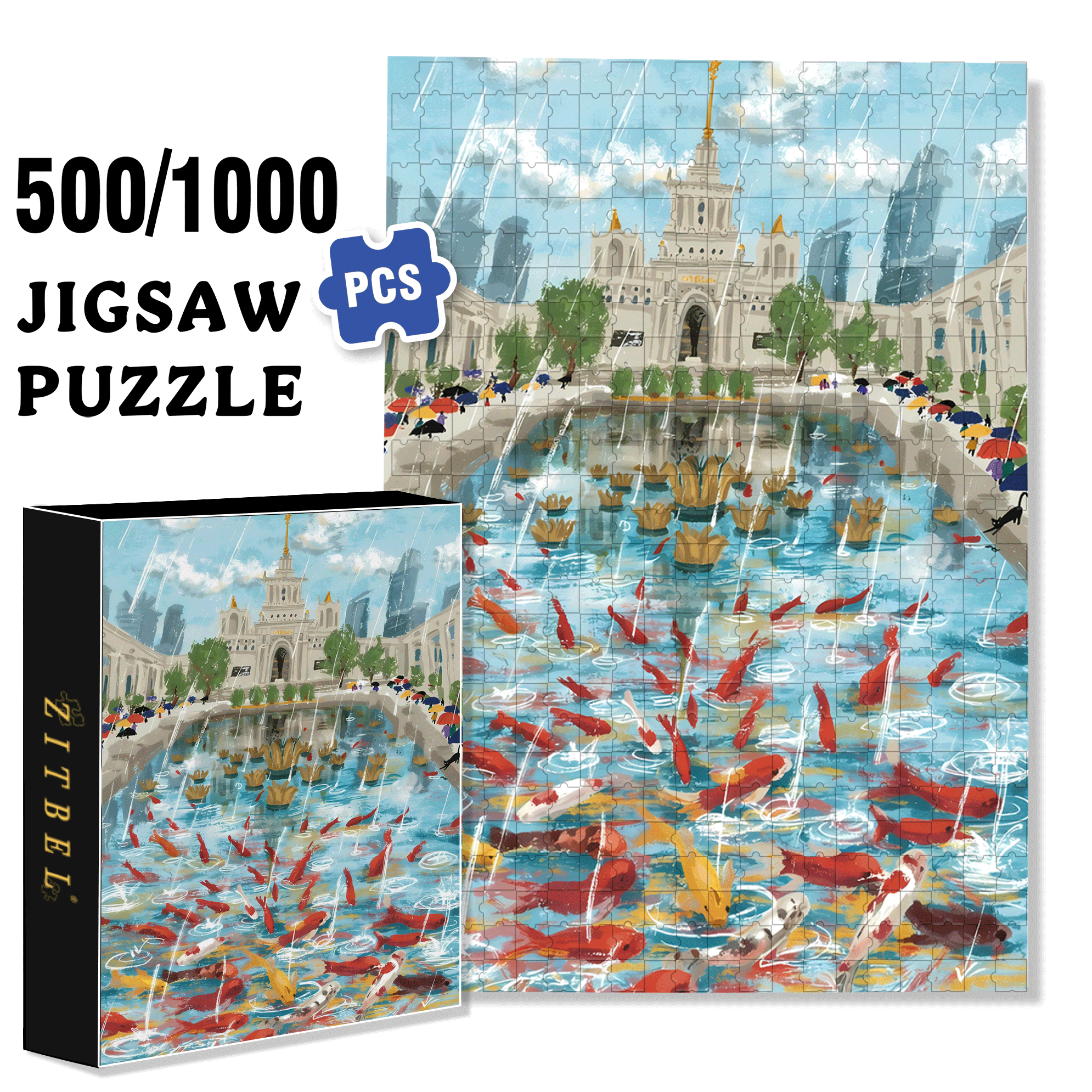 Watching Fish On Rainy Days 500pcs/1000pcs Jigsaw Puzzle, Scratch-Resistant, Interactive Family Game & Brain-Boosting DIY Decor, Perfect for Halloween, Christmas & New Year Gifts, Family Puzzle Game