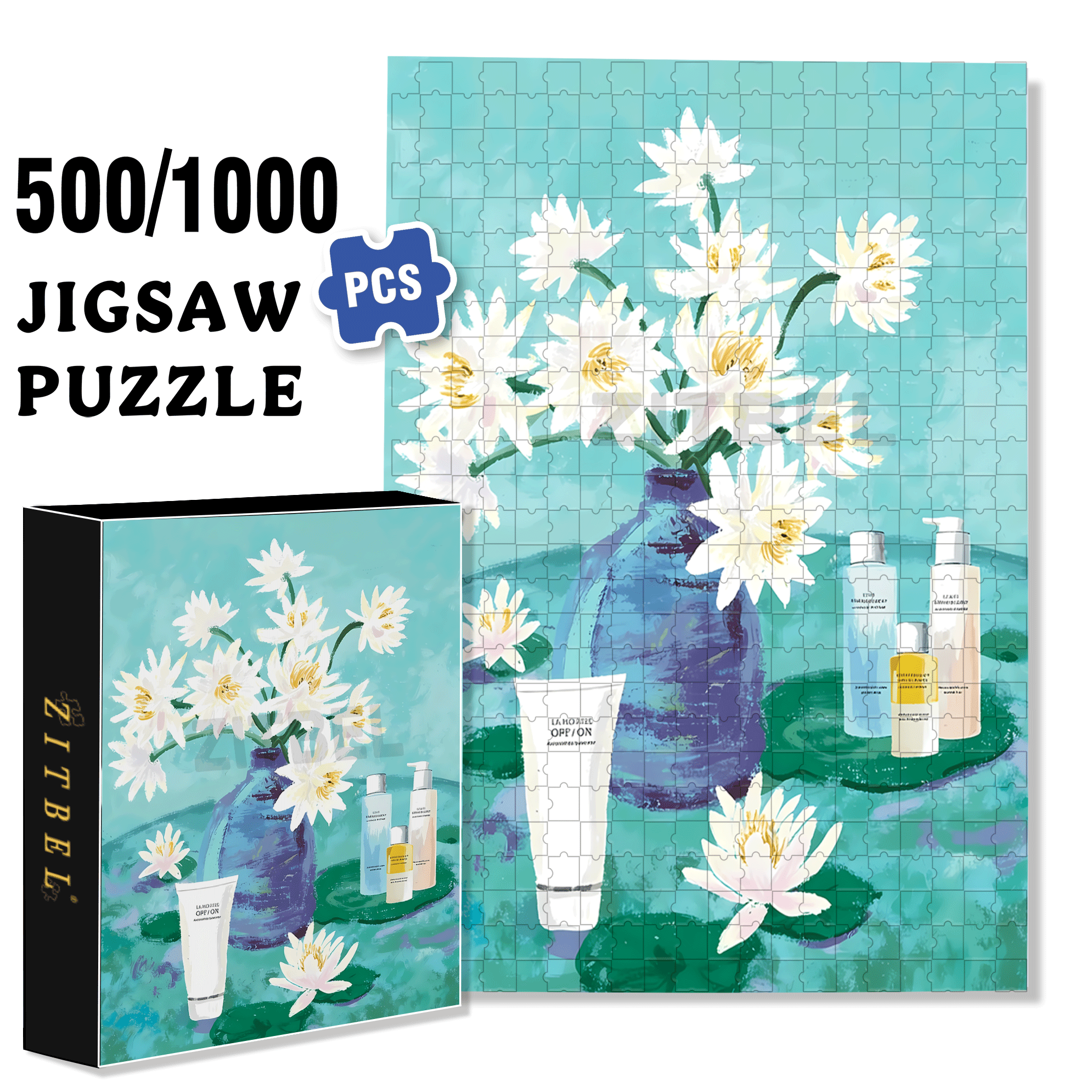 Water Lilies And Skincare 500pcs/1000pcs Jigsaw Puzzle, Scratch-Resistant, Interactive Family Game & Brain-Boosting DIY Decor, Perfect for Halloween, Christmas & New Year Gifts, Family Puzzle Game