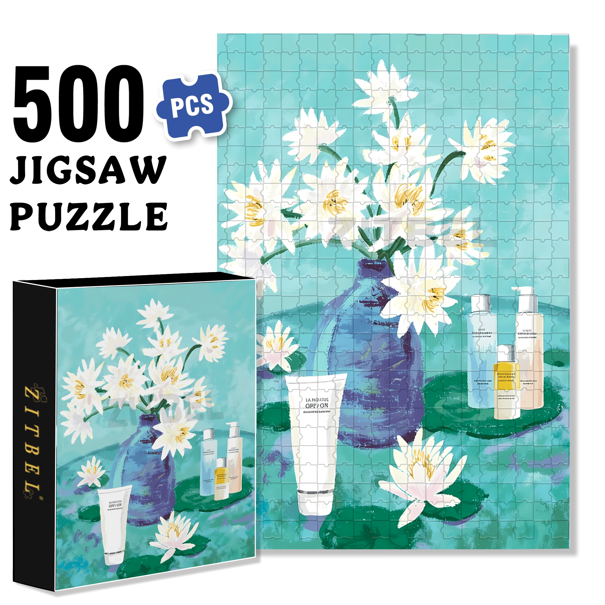 Water Lilies And Skincare 500pcs/1000pcs Jigsaw Puzzle, Scratch-Resistant, Interactive Family Game & Brain-Boosting DIY Decor, Perfect for Halloween, Christmas & New Year Gifts, Family Puzzle Game