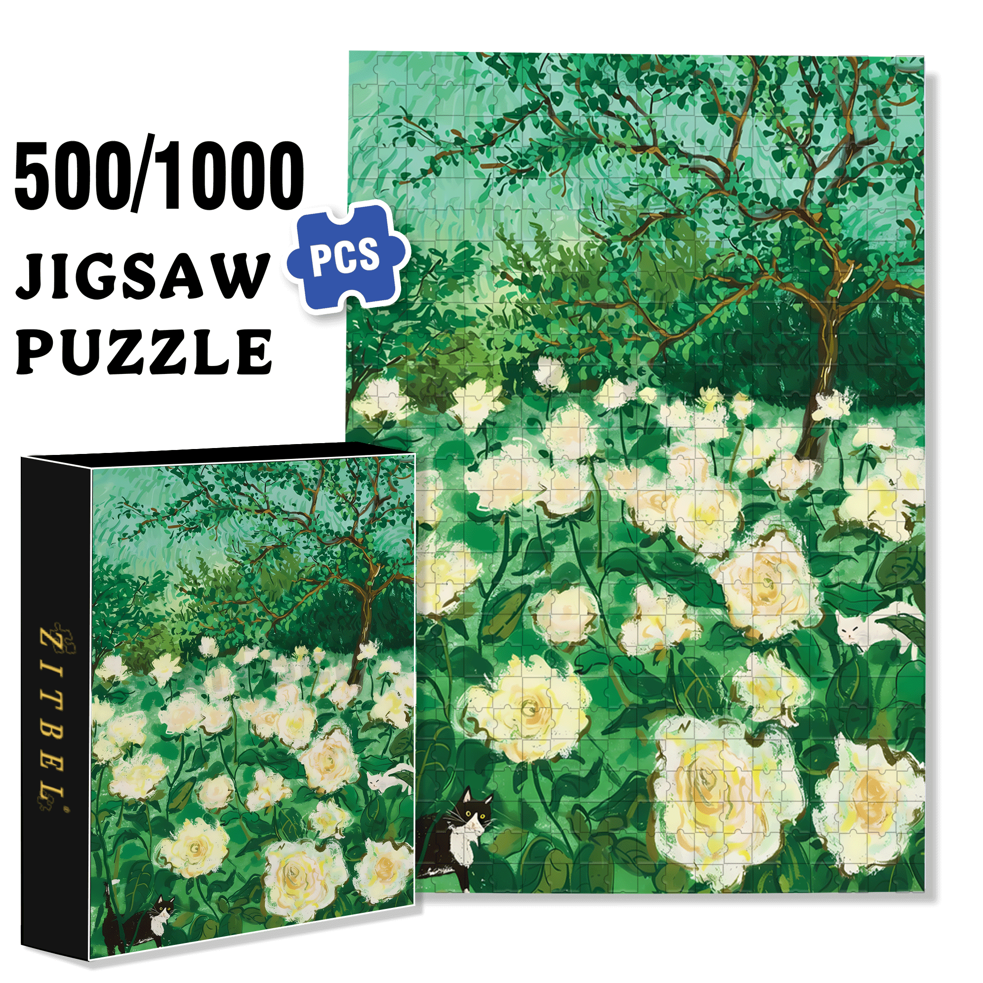 White Rose Garden 500pcs/1000pcs Jigsaw Puzzle, Scratch-Resistant, Interactive Family Game & Brain-Boosting DIY Decor, Perfect for Halloween, Christmas & New Year Gifts, Family Puzzle Game