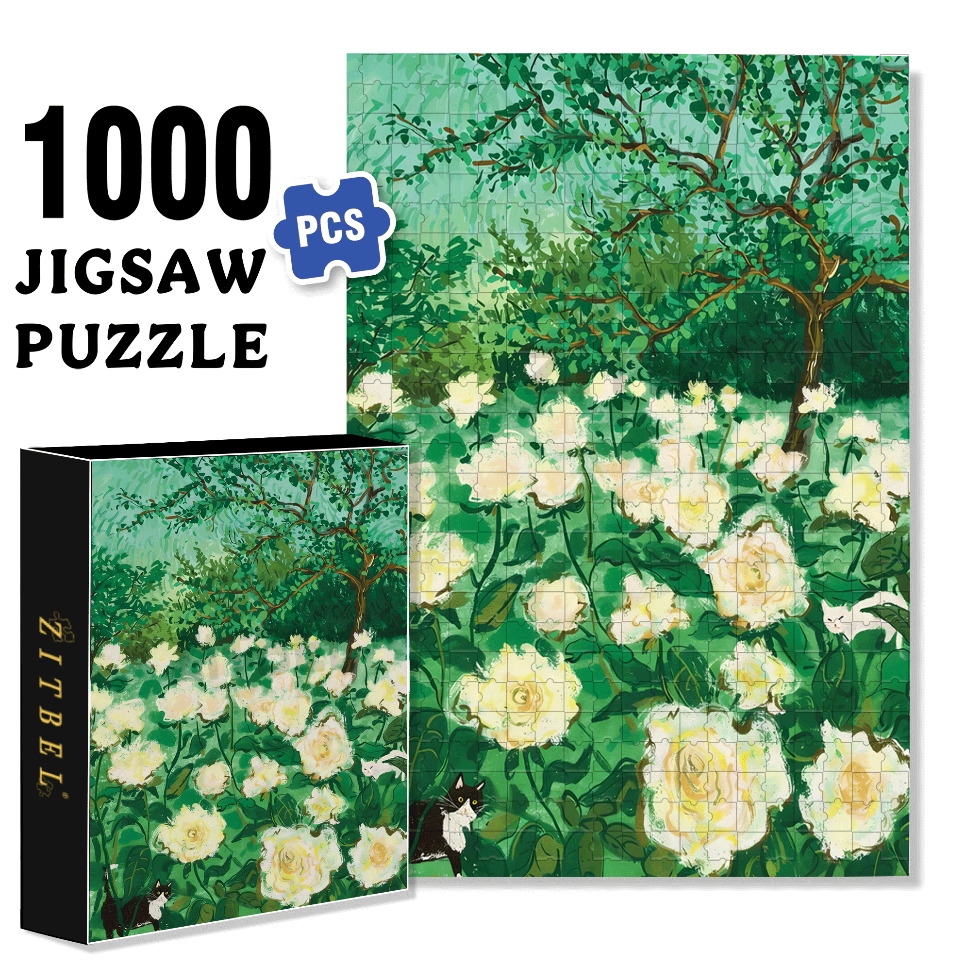 White Rose Garden 500pcs/1000pcs Jigsaw Puzzle, Scratch-Resistant, Interactive Family Game & Brain-Boosting DIY Decor, Perfect for Halloween, Christmas & New Year Gifts, Family Puzzle Game
