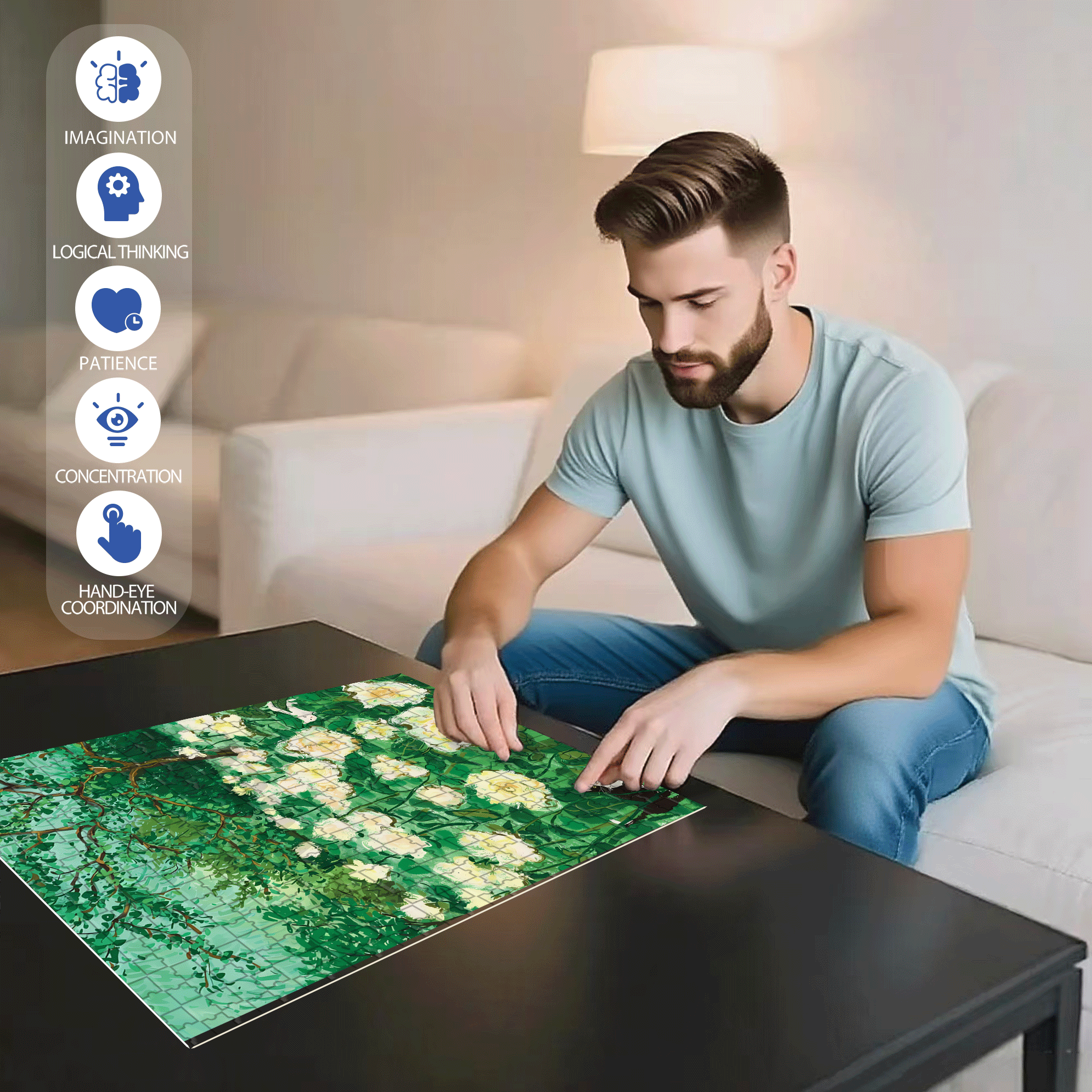 White Rose Garden 500pcs/1000pcs Jigsaw Puzzle, Scratch-Resistant, Interactive Family Game & Brain-Boosting DIY Decor, Perfect for Halloween, Christmas & New Year Gifts, Family Puzzle Game