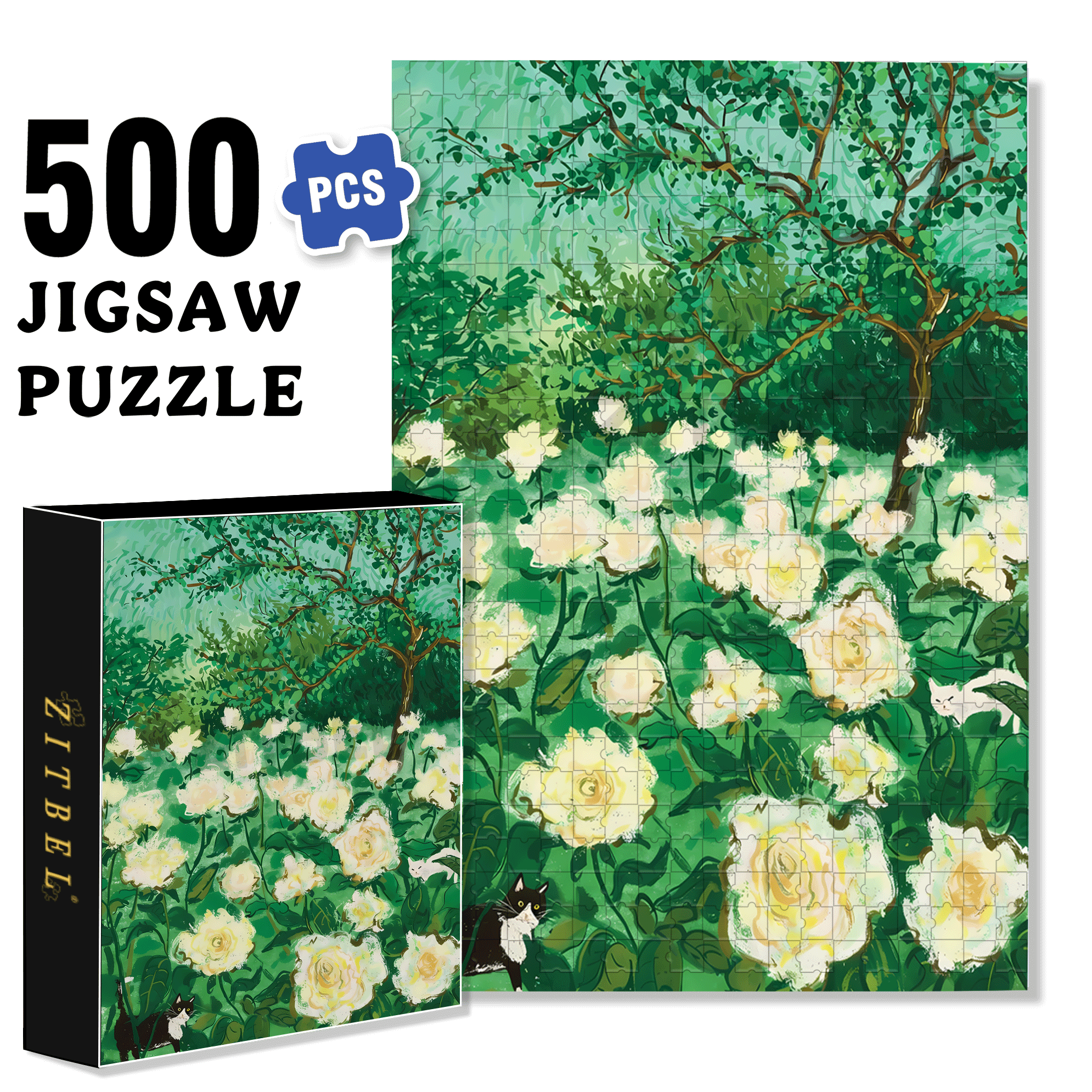 White Rose Garden 500pcs/1000pcs Jigsaw Puzzle, Scratch-Resistant, Interactive Family Game & Brain-Boosting DIY Decor, Perfect for Halloween, Christmas & New Year Gifts, Family Puzzle Game
