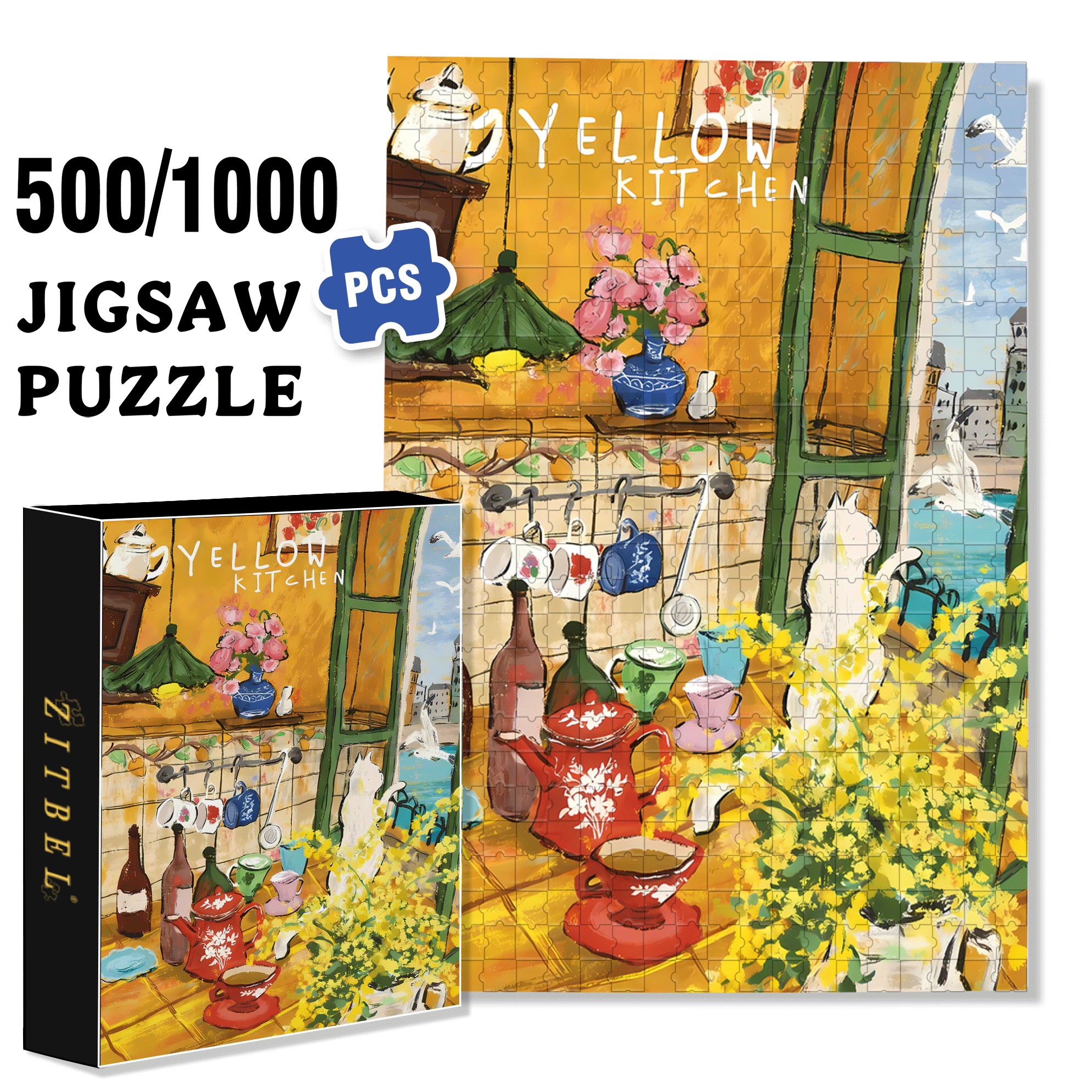 Yellow Kitchen 500pcs/1000pcs Jigsaw Puzzle, Scratch-Resistant, Interactive Family Game & Brain-Boosting DIY Decor, Perfect for Halloween, Christmas & New Year Gifts, Family Puzzle Game
