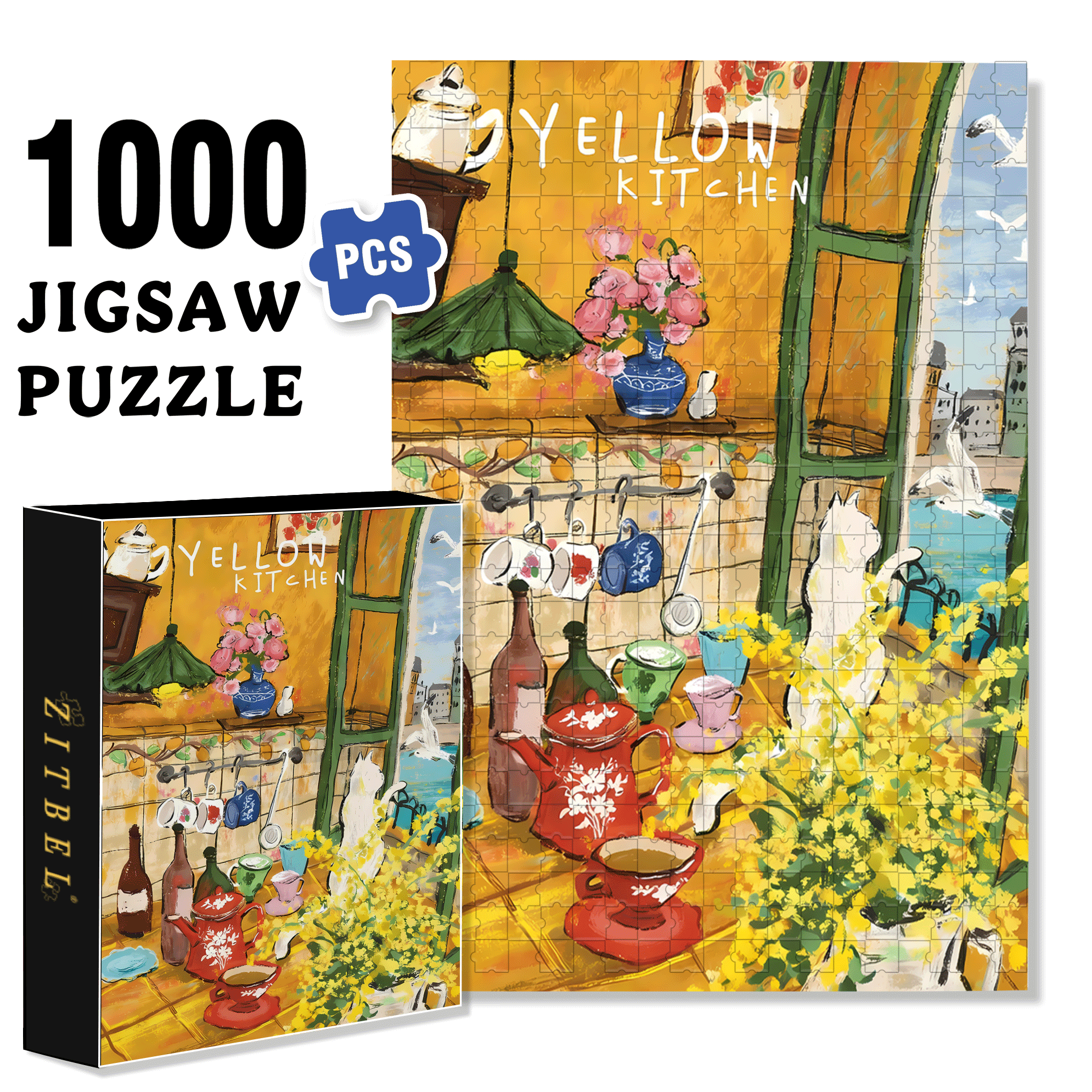 Yellow Kitchen 500pcs/1000pcs Jigsaw Puzzle, Scratch-Resistant, Interactive Family Game & Brain-Boosting DIY Decor, Perfect for Halloween, Christmas & New Year Gifts, Family Puzzle Game