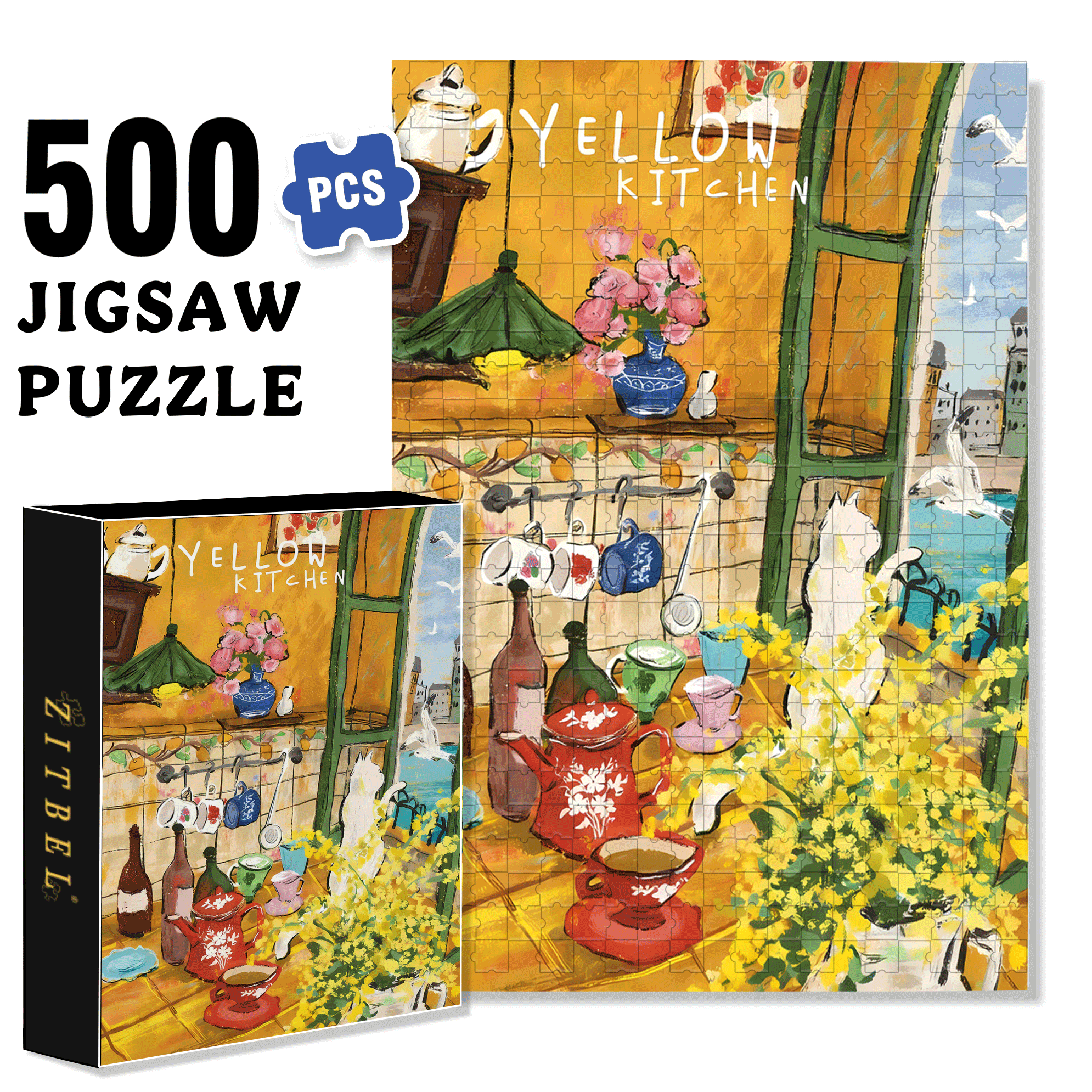 Yellow Kitchen 500pcs/1000pcs Jigsaw Puzzle, Scratch-Resistant, Interactive Family Game & Brain-Boosting DIY Decor, Perfect for Halloween, Christmas & New Year Gifts, Family Puzzle Game