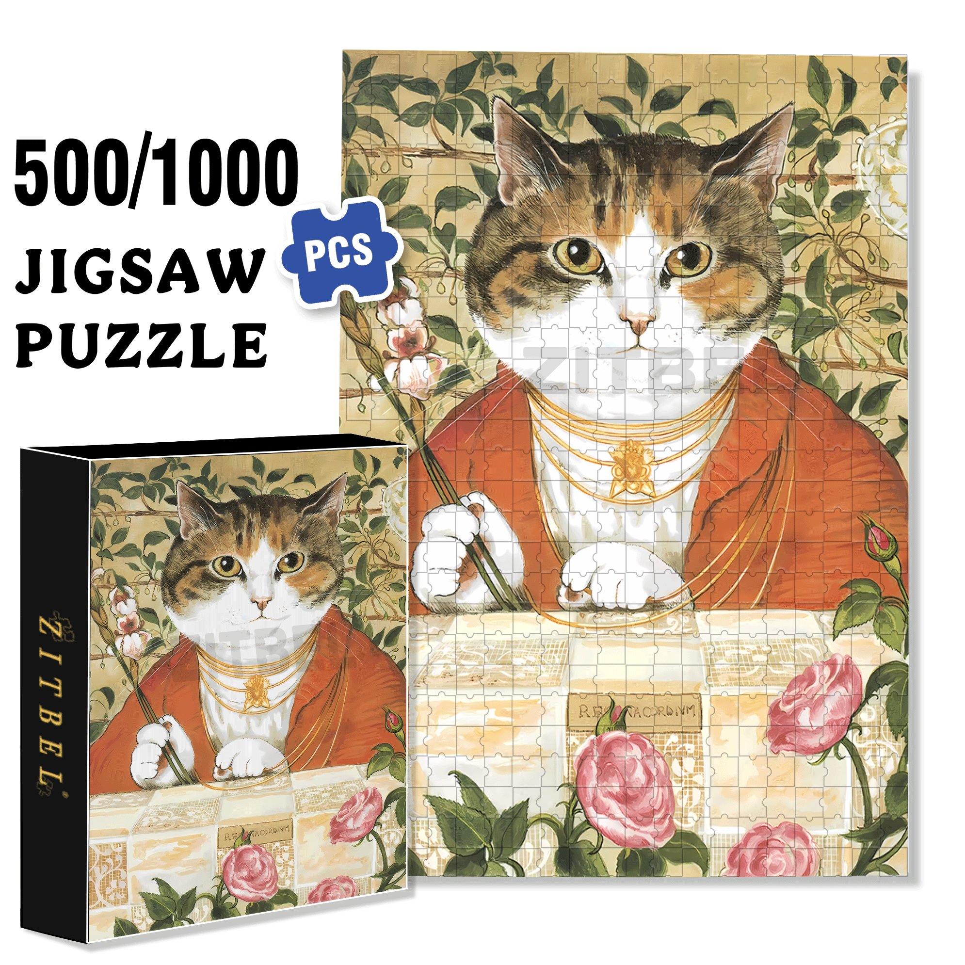 Fantastic Encounter between Cats and World Famous Paintings 10 500pcs/1000pcs Jigsaw Puzzle, Scratch-Resistant, Interactive Family Game & Brain-Boosting DIY Decor, Perfect for Halloween, Christmas & New Year Gifts, Family Puzzle Game