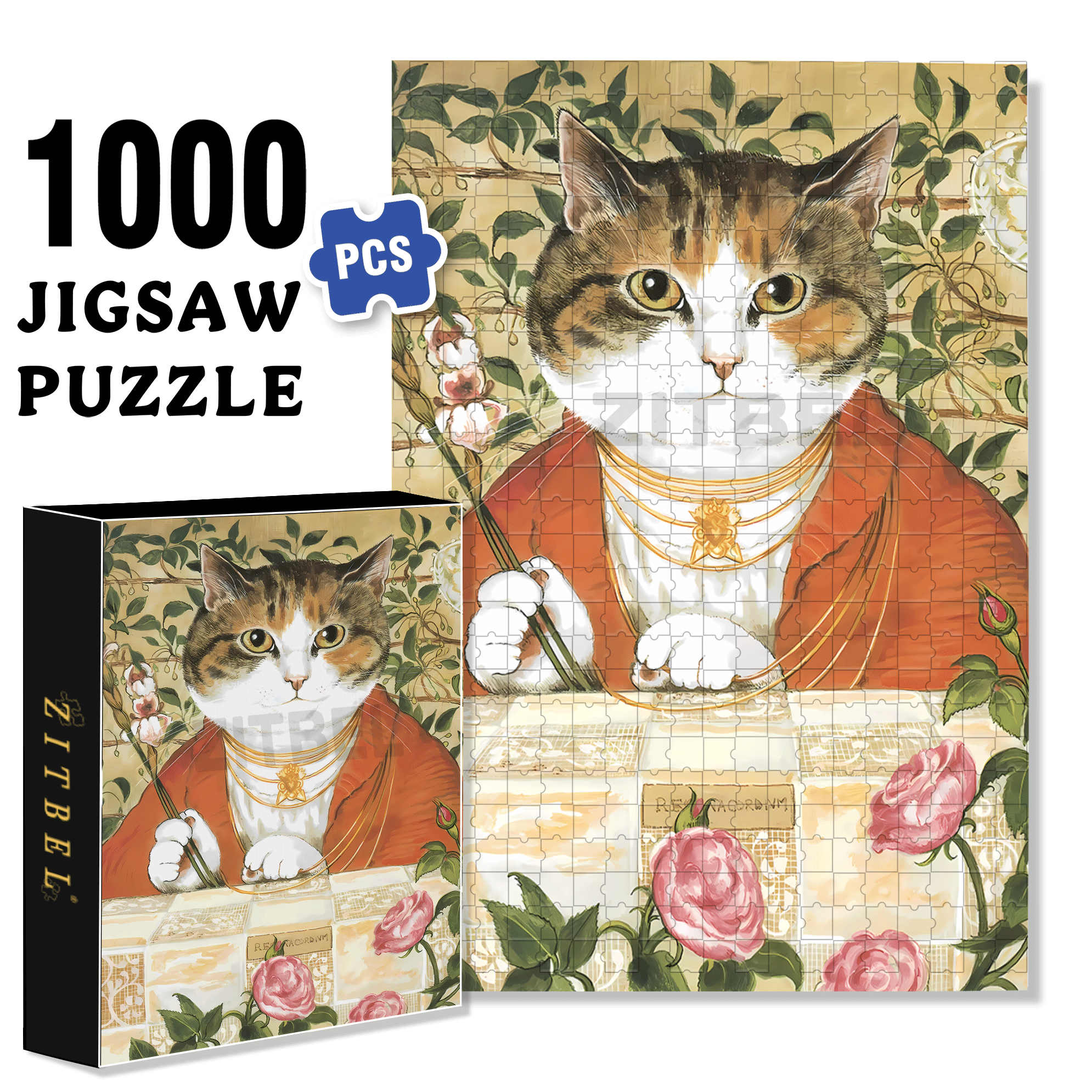 Fantastic Encounter between Cats and World Famous Paintings 10 500pcs/1000pcs Jigsaw Puzzle, Scratch-Resistant, Interactive Family Game & Brain-Boosting DIY Decor, Perfect for Halloween, Christmas & New Year Gifts, Family Puzzle Game
