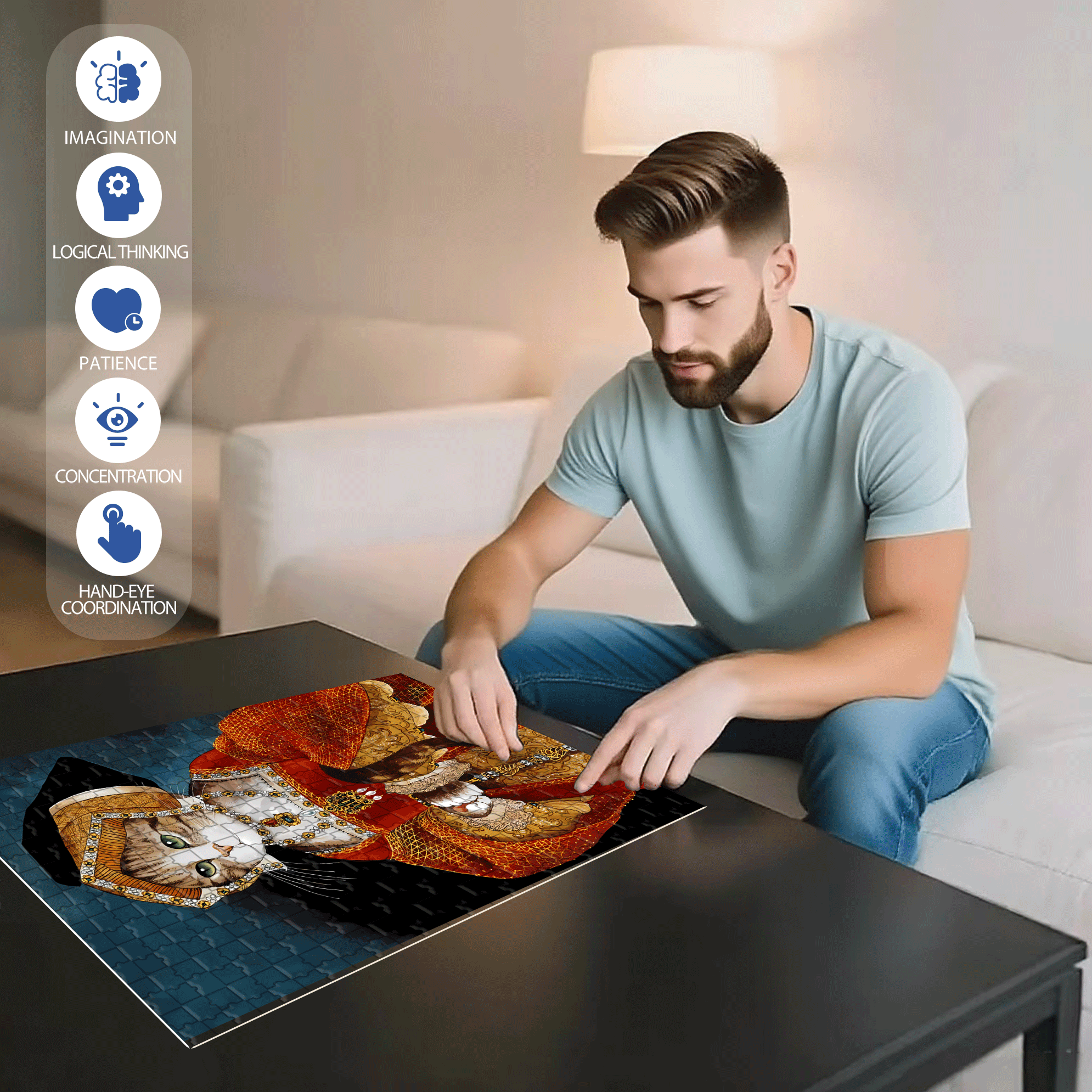 Fantastic Encounter between Cats and World Famous Paintings 11 500pcs/1000pcs Jigsaw Puzzle, Scratch-Resistant, Interactive Family Game & Brain-Boosting DIY Decor, Perfect for Halloween, Christmas & New Year Gifts, Family Puzzle Game