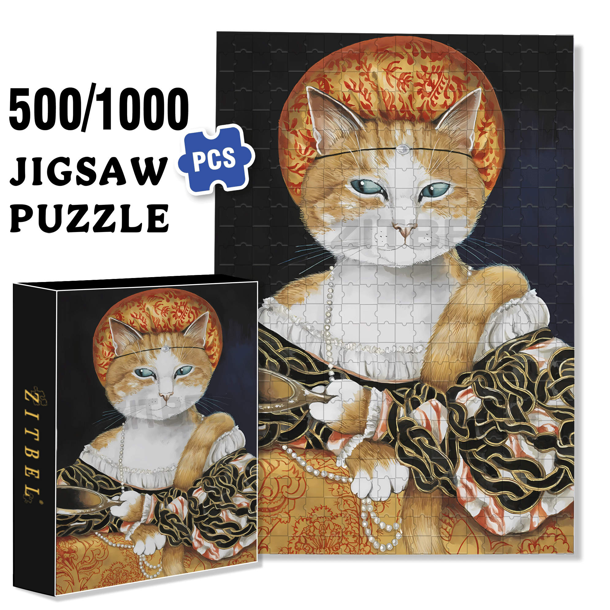 Fantastic Encounter between Cats and World Famous Paintings 12 500pcs/1000pcs Jigsaw Puzzle, Scratch-Resistant, Interactive Family Game & Brain-Boosting DIY Decor, Perfect for Halloween, Christmas & New Year Gifts, Family Puzzle Game