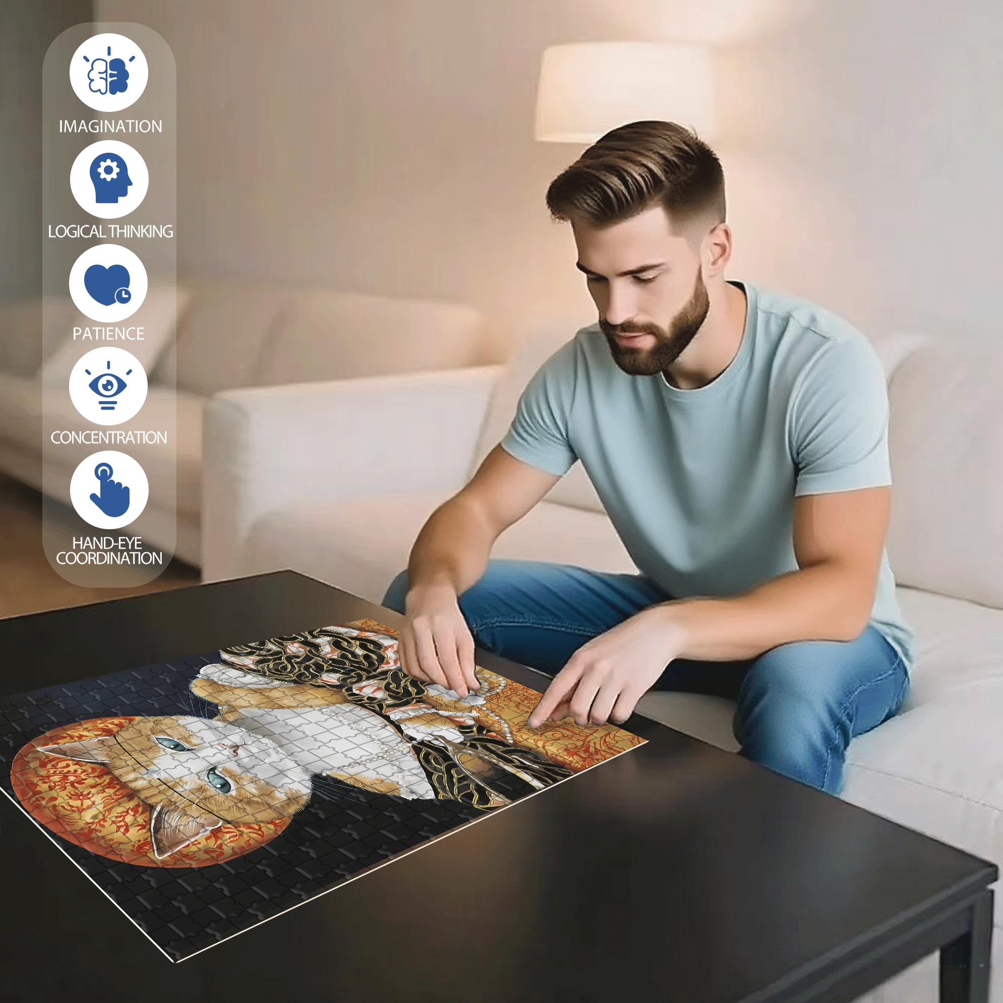 Fantastic Encounter between Cats and World Famous Paintings 12 500pcs/1000pcs Jigsaw Puzzle, Scratch-Resistant, Interactive Family Game & Brain-Boosting DIY Decor, Perfect for Halloween, Christmas & New Year Gifts, Family Puzzle Game