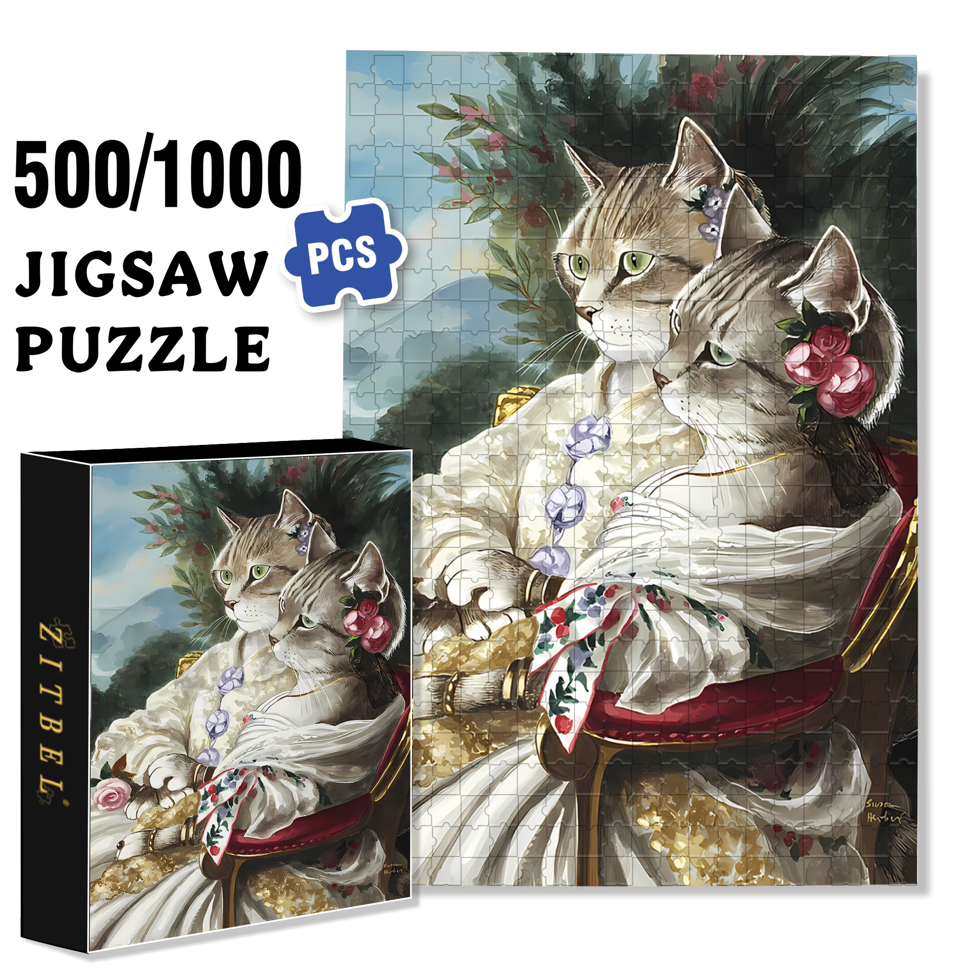 Fantastic Encounter between Cats and World Famous Paintings 13 500pcs/1000pcs Jigsaw Puzzle, Scratch-Resistant, Interactive Family Game & Brain-Boosting DIY Decor, Perfect for Halloween, Christmas & New Year Gifts, Family Puzzle Game