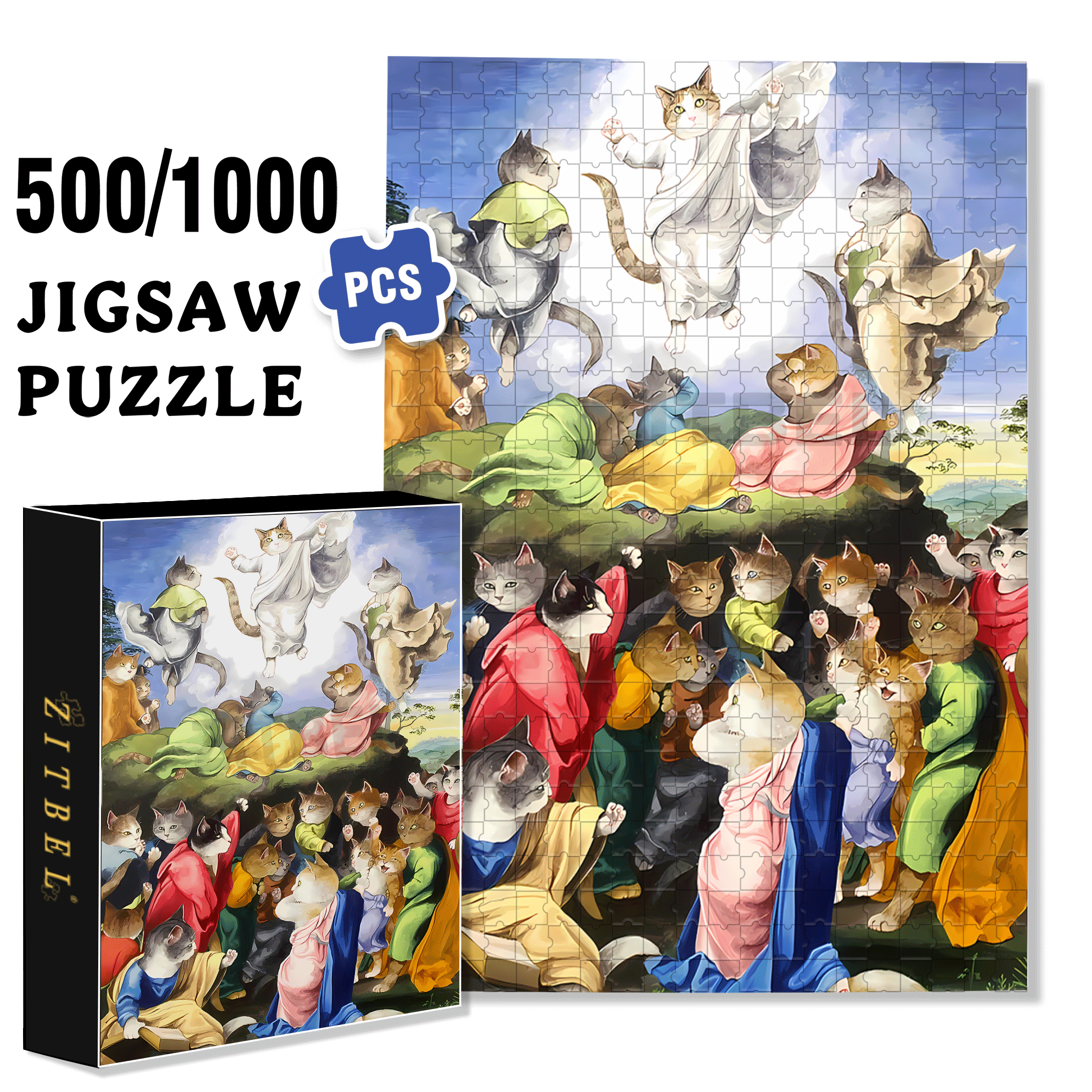 Fantastic Encounter between Cats and World Famous Paintings 14 500pcs/1000pcs Jigsaw Puzzle, Scratch-Resistant, Interactive Family Game & Brain-Boosting DIY Decor, Perfect for Halloween, Christmas & New Year Gifts, Family Puzzle Game