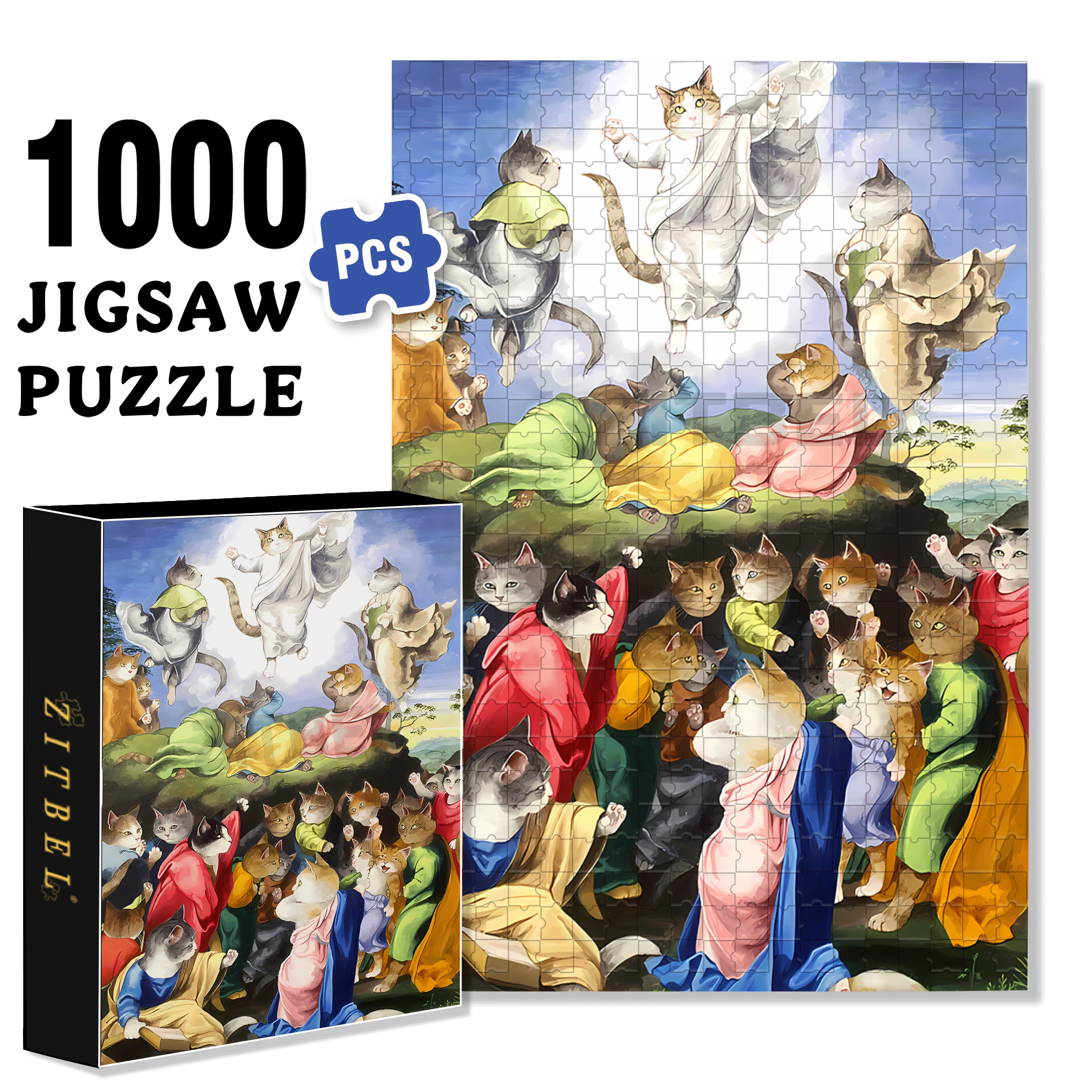 Fantastic Encounter between Cats and World Famous Paintings 14 500pcs/1000pcs Jigsaw Puzzle, Scratch-Resistant, Interactive Family Game & Brain-Boosting DIY Decor, Perfect for Halloween, Christmas & New Year Gifts, Family Puzzle Game