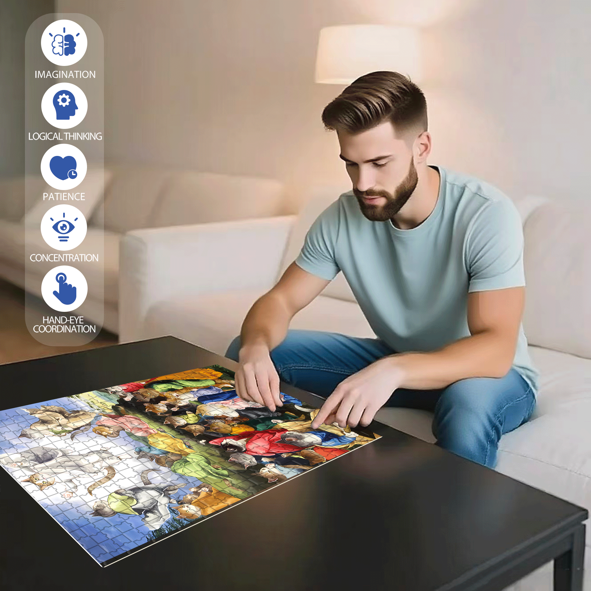 Fantastic Encounter between Cats and World Famous Paintings 14 500pcs/1000pcs Jigsaw Puzzle, Scratch-Resistant, Interactive Family Game & Brain-Boosting DIY Decor, Perfect for Halloween, Christmas & New Year Gifts, Family Puzzle Game
