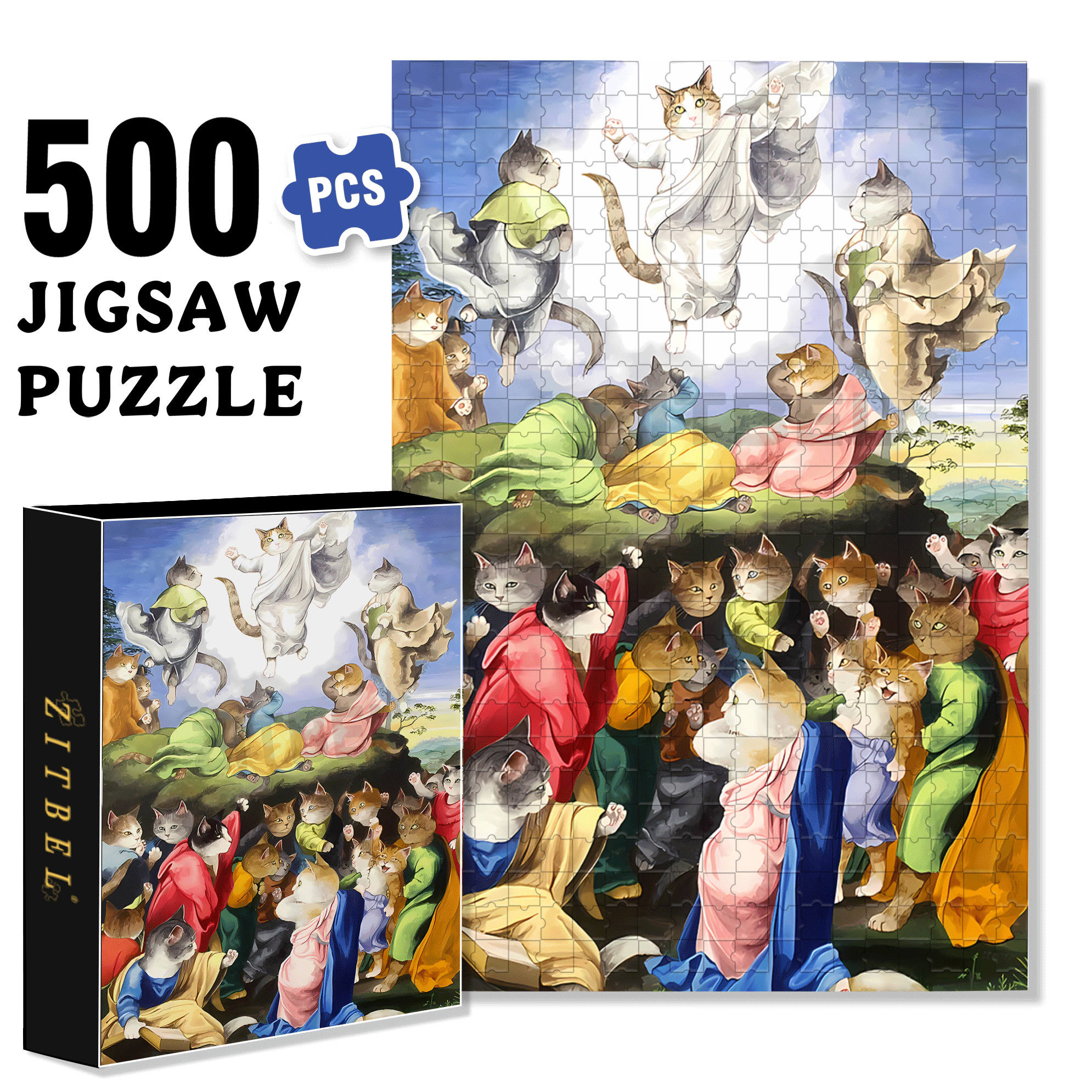 Fantastic Encounter between Cats and World Famous Paintings 14 500pcs/1000pcs Jigsaw Puzzle, Scratch-Resistant, Interactive Family Game & Brain-Boosting DIY Decor, Perfect for Halloween, Christmas & New Year Gifts, Family Puzzle Game