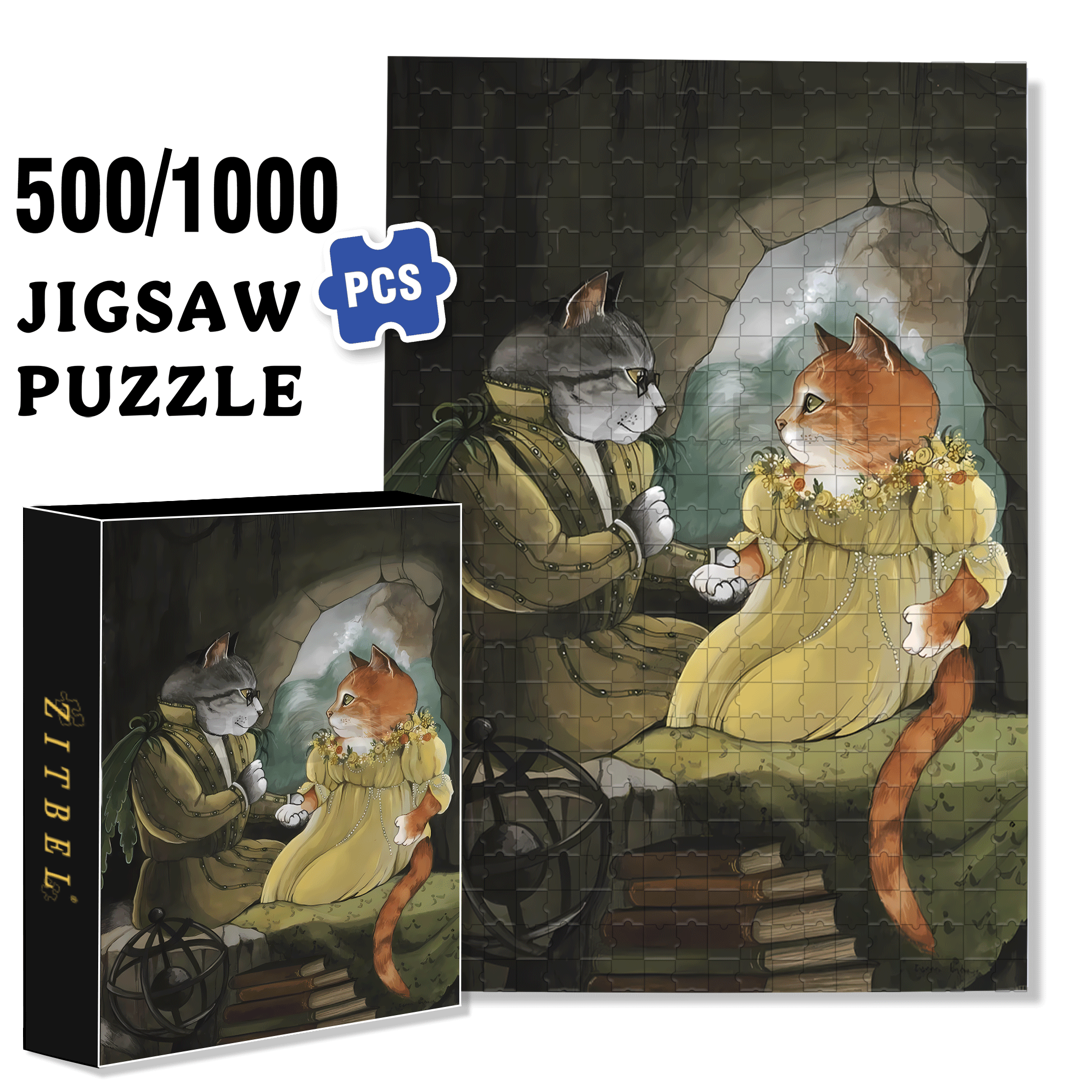 Fantastic Encounter between Cats and World Famous Paintings 16 500pcs/1000pcs Jigsaw Puzzle, Scratch-Resistant, Interactive Family Game & Brain-Boosting DIY Decor, Perfect for Halloween, Christmas & New Year Gifts, Family Puzzle Game