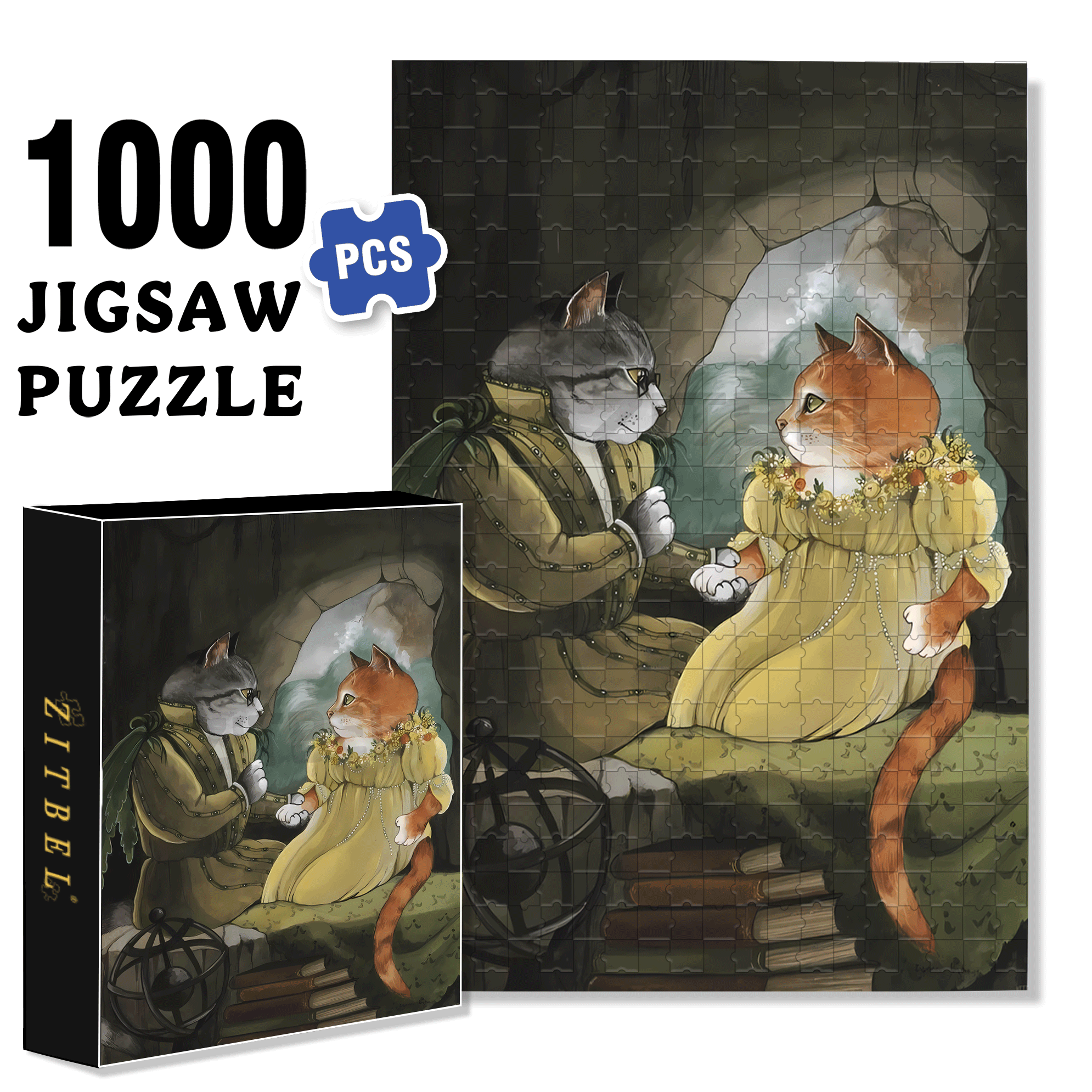 Fantastic Encounter between Cats and World Famous Paintings 16 500pcs/1000pcs Jigsaw Puzzle, Scratch-Resistant, Interactive Family Game & Brain-Boosting DIY Decor, Perfect for Halloween, Christmas & New Year Gifts, Family Puzzle Game
