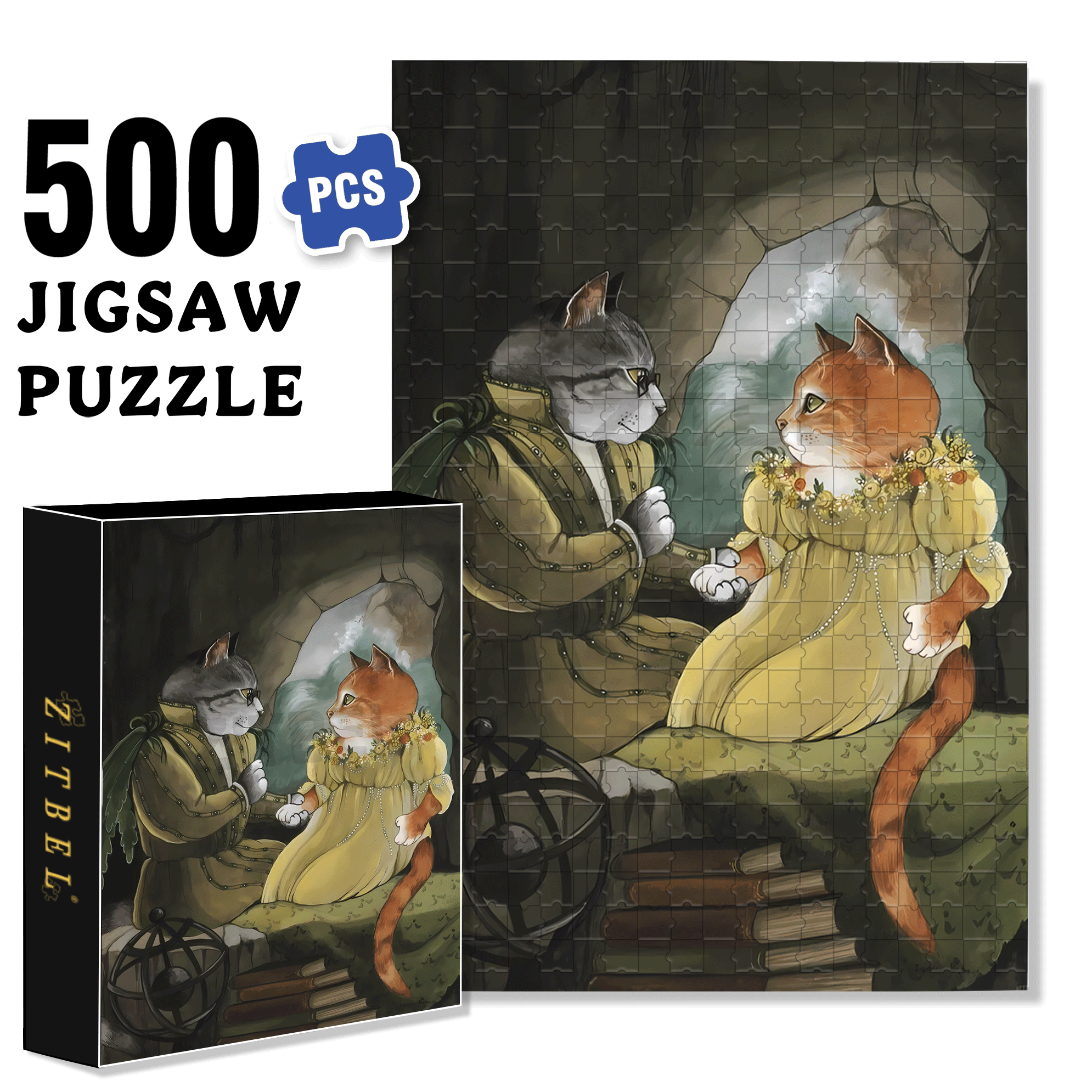 Fantastic Encounter between Cats and World Famous Paintings 16 500pcs/1000pcs Jigsaw Puzzle, Scratch-Resistant, Interactive Family Game & Brain-Boosting DIY Decor, Perfect for Halloween, Christmas & New Year Gifts, Family Puzzle Game