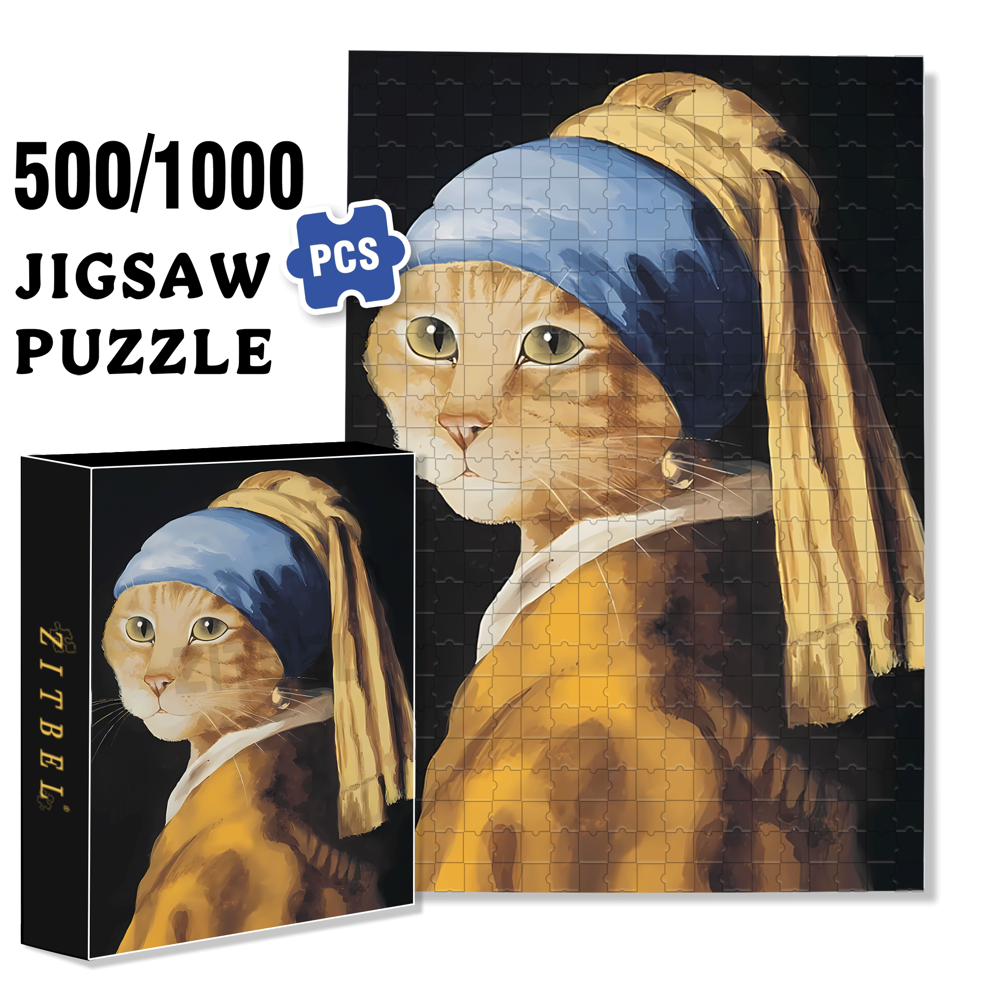 Fantastic Encounter between Cats and World Famous Paintings 17 500pcs/1000pcs Jigsaw Puzzle, Scratch-Resistant, Interactive Family Game & Brain-Boosting DIY Decor, Perfect for Halloween, Christmas & New Year Gifts, Family Puzzle Game