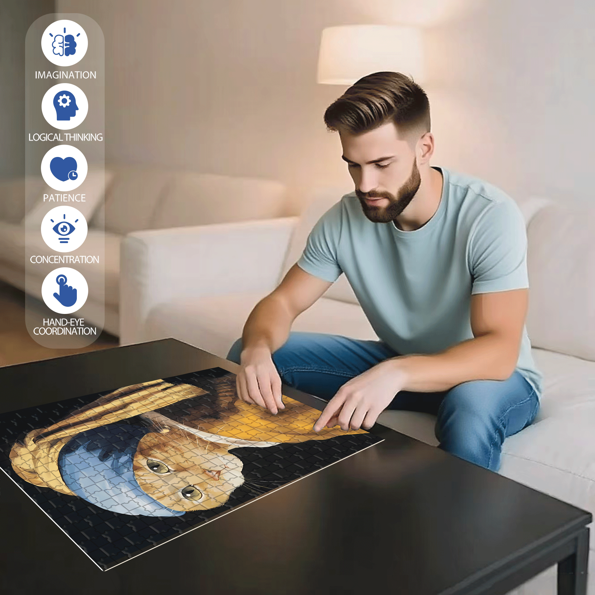Fantastic Encounter between Cats and World Famous Paintings 17 500pcs/1000pcs Jigsaw Puzzle, Scratch-Resistant, Interactive Family Game & Brain-Boosting DIY Decor, Perfect for Halloween, Christmas & New Year Gifts, Family Puzzle Game