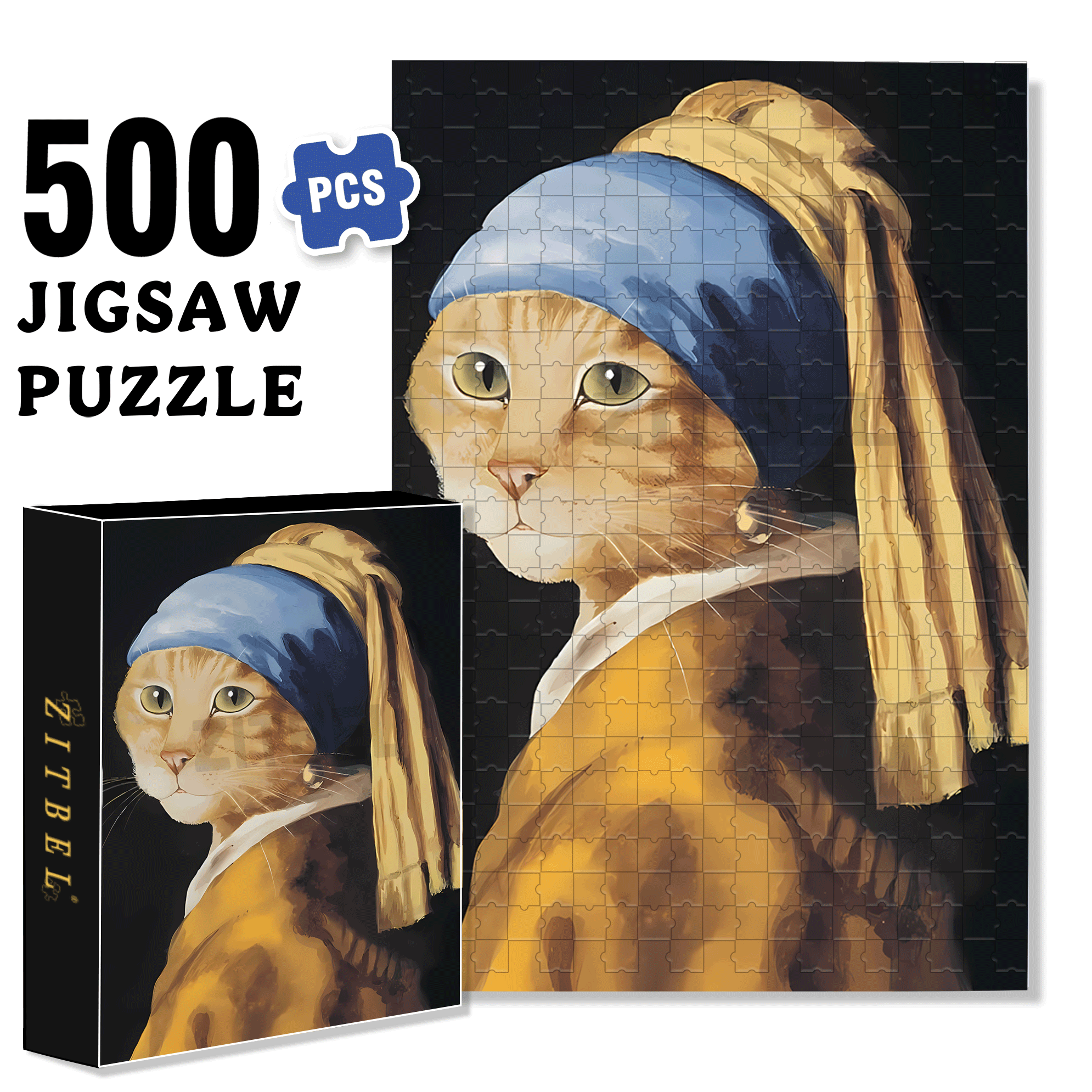 Fantastic Encounter between Cats and World Famous Paintings 17 500pcs/1000pcs Jigsaw Puzzle, Scratch-Resistant, Interactive Family Game & Brain-Boosting DIY Decor, Perfect for Halloween, Christmas & New Year Gifts, Family Puzzle Game