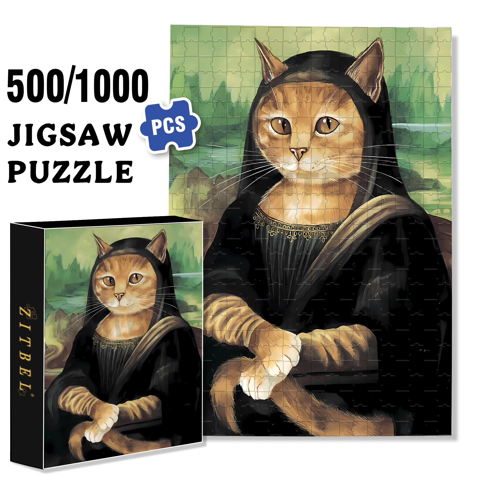 Fantastic Encounter between Cats and World Famous Paintings 18 500pcs/1000pcs Jigsaw Puzzle, Scratch-Resistant, Interactive Family Game & Brain-Boosting DIY Decor, Perfect for Halloween, Christmas & New Year Gifts, Family Puzzle Game