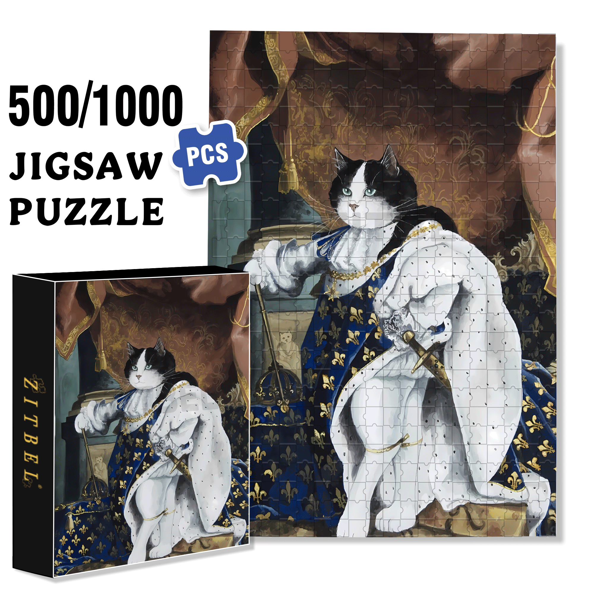 Fantastic Encounter between Cats and World Famous Paintings 3 500pcs/1000pcs Jigsaw Puzzle, Scratch-Resistant, Interactive Family Game & Brain-Boosting DIY Decor, Perfect for Halloween, Christmas & New Year Gifts, Family Puzzle Game
