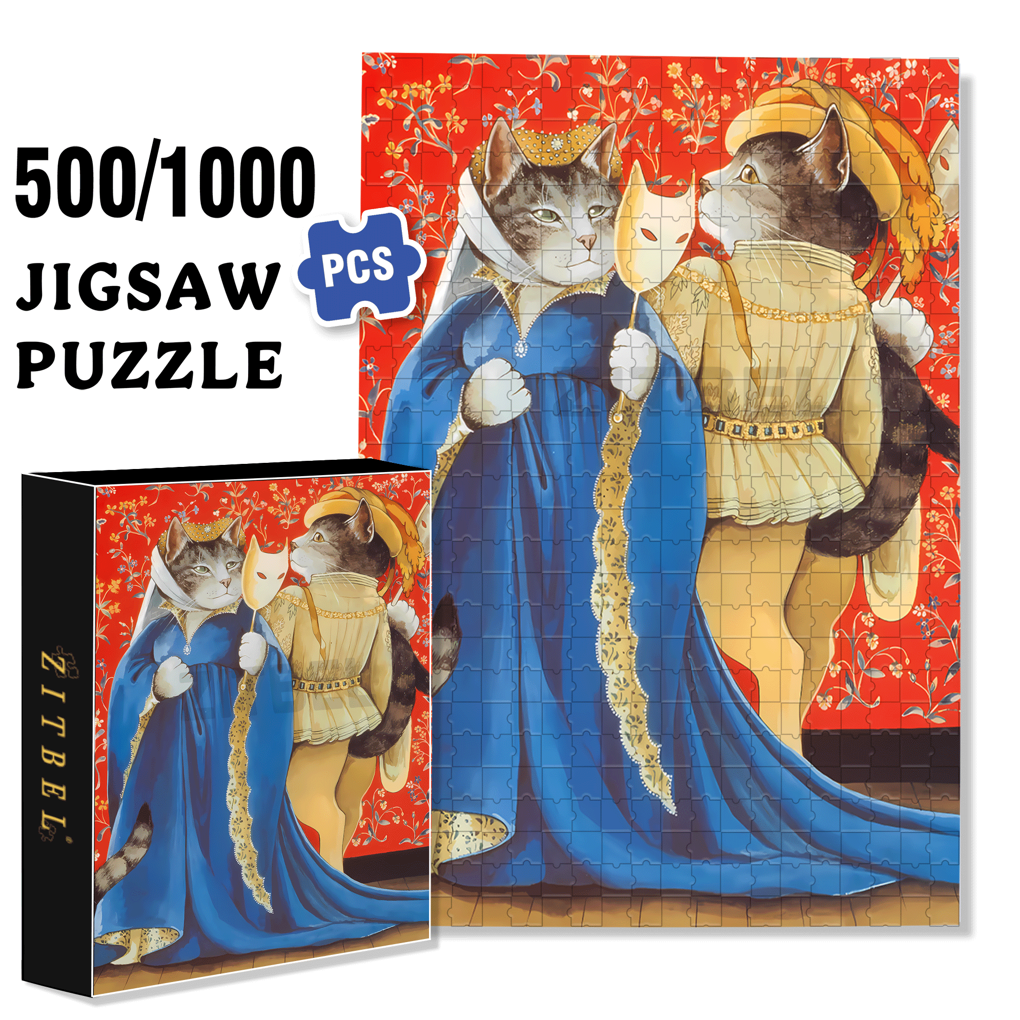 Fantastic Encounter between Cats and World Famous Paintings 4 500pcs/1000pcs Jigsaw Puzzle, Scratch-Resistant, Interactive Family Game & Brain-Boosting DIY Decor, Perfect for Halloween, Christmas & New Year Gifts, Family Puzzle Game