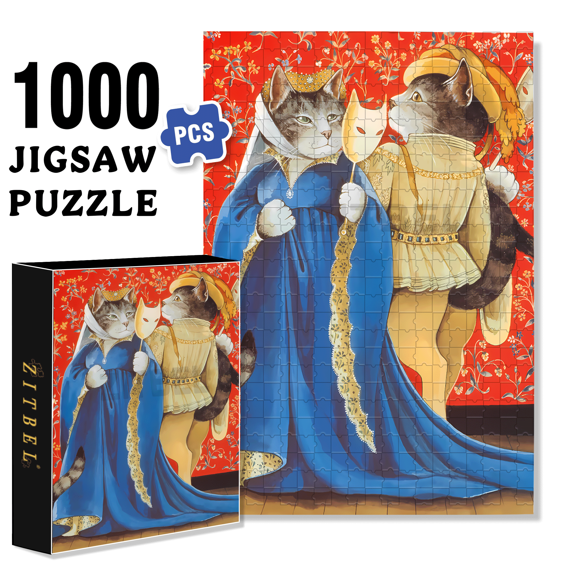 Fantastic Encounter between Cats and World Famous Paintings 4 500pcs/1000pcs Jigsaw Puzzle, Scratch-Resistant, Interactive Family Game & Brain-Boosting DIY Decor, Perfect for Halloween, Christmas & New Year Gifts, Family Puzzle Game