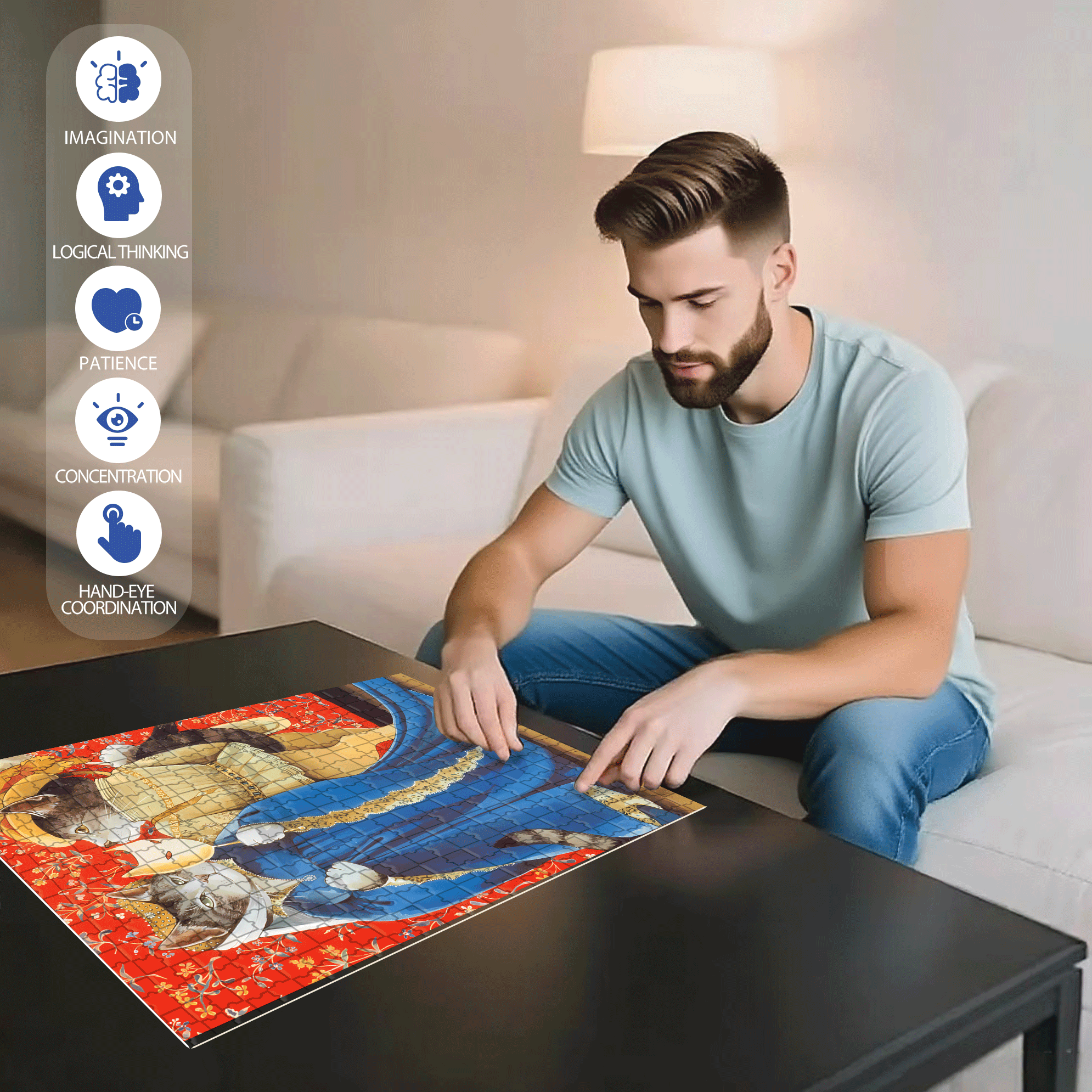 Fantastic Encounter between Cats and World Famous Paintings 4 500pcs/1000pcs Jigsaw Puzzle, Scratch-Resistant, Interactive Family Game & Brain-Boosting DIY Decor, Perfect for Halloween, Christmas & New Year Gifts, Family Puzzle Game