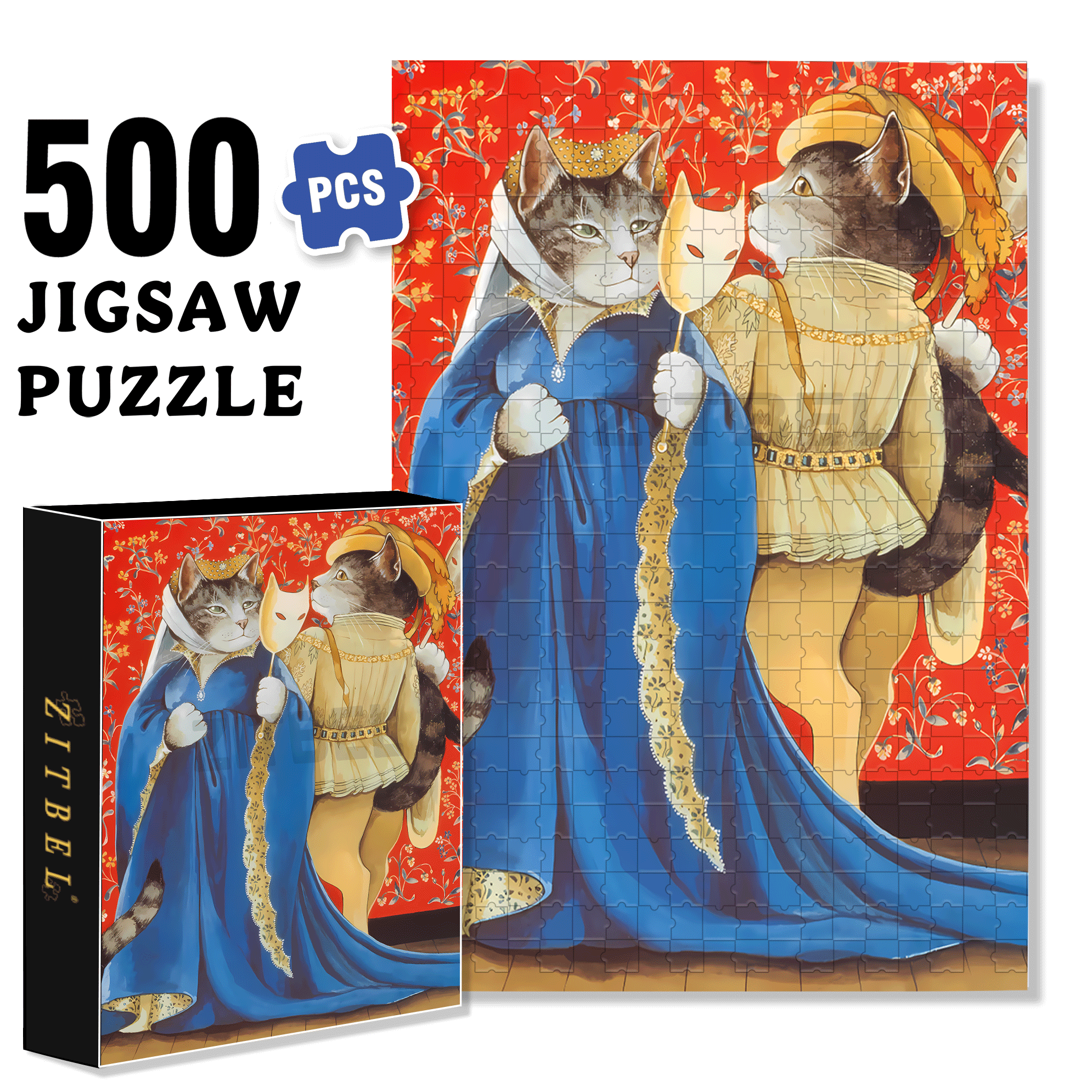 Fantastic Encounter between Cats and World Famous Paintings 4 500pcs/1000pcs Jigsaw Puzzle, Scratch-Resistant, Interactive Family Game & Brain-Boosting DIY Decor, Perfect for Halloween, Christmas & New Year Gifts, Family Puzzle Game