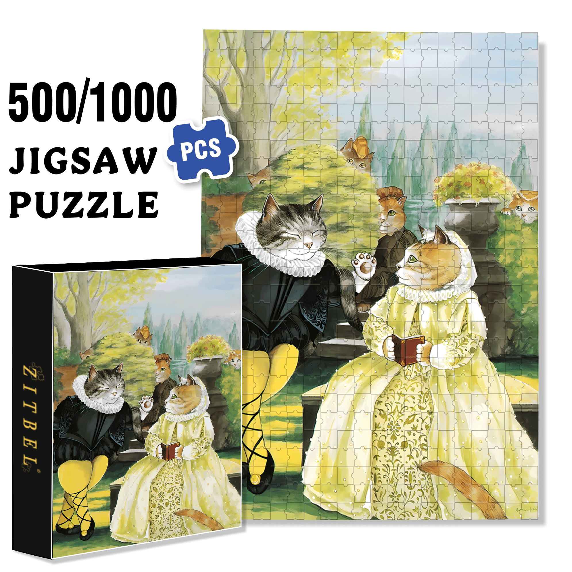 Fantastic Encounter between Cats and World Famous Paintings 5 500pcs/1000pcs Jigsaw Puzzle, Scratch-Resistant, Interactive Family Game & Brain-Boosting DIY Decor, Perfect for Halloween, Christmas & New Year Gifts, Family Puzzle Game