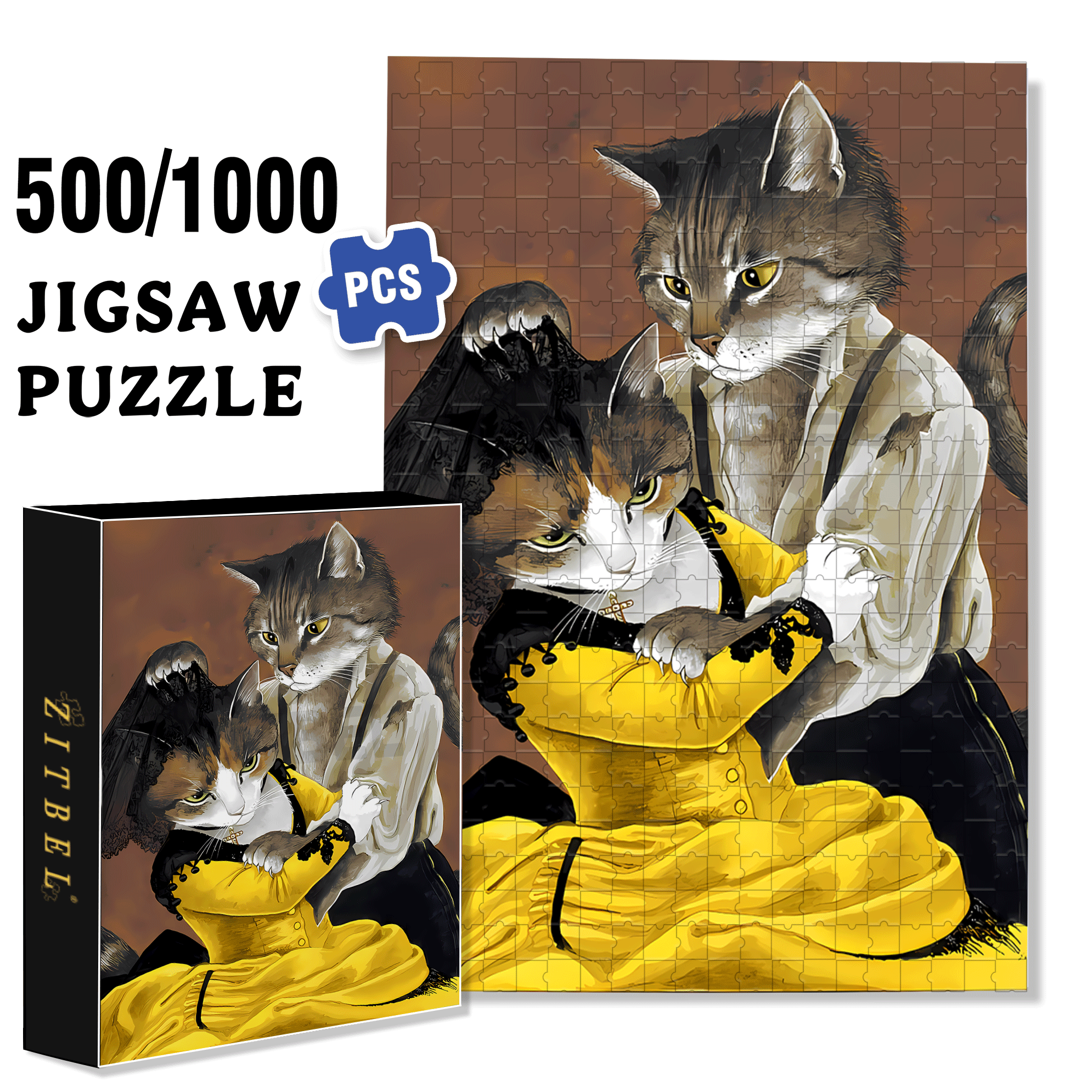 Fantastic Encounter between Cats and World Famous Paintings 6 500pcs/1000pcs Jigsaw Puzzle, Scratch-Resistant, Interactive Family Game & Brain-Boosting DIY Decor, Perfect for Halloween, Christmas & New Year Gifts, Family Puzzle Game