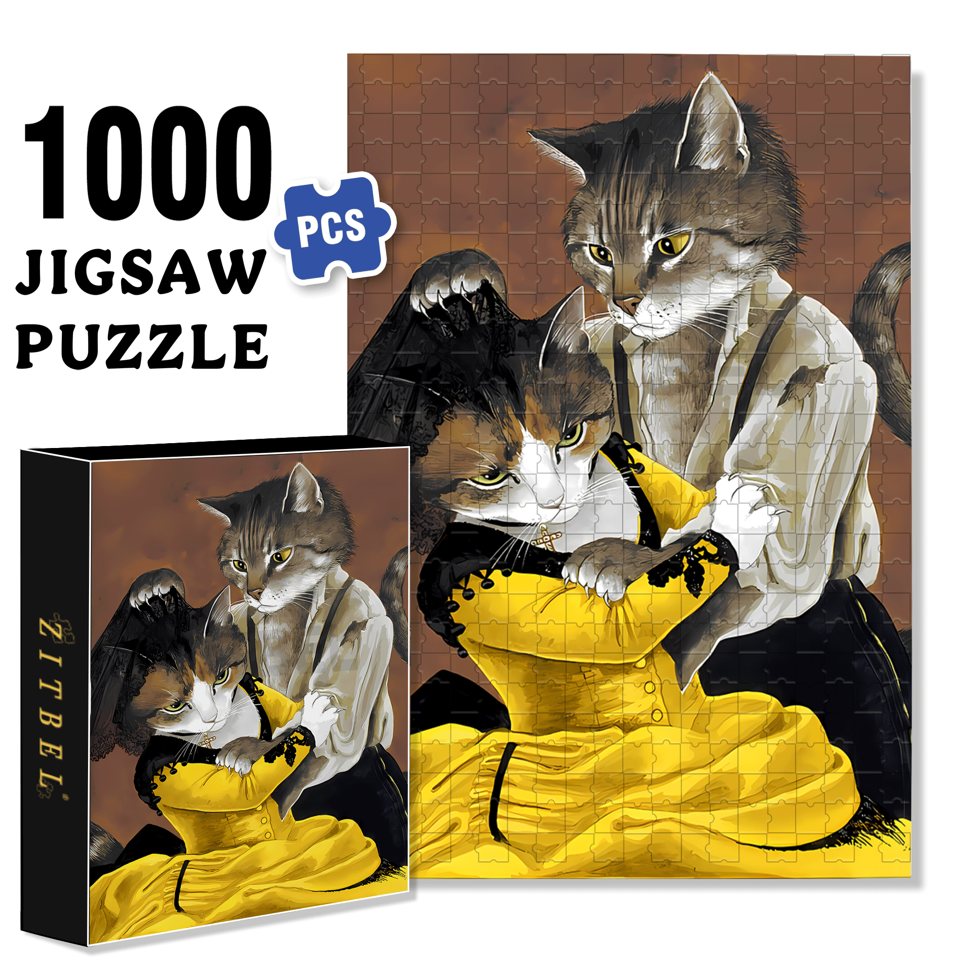 Fantastic Encounter between Cats and World Famous Paintings 6 500pcs/1000pcs Jigsaw Puzzle, Scratch-Resistant, Interactive Family Game & Brain-Boosting DIY Decor, Perfect for Halloween, Christmas & New Year Gifts, Family Puzzle Game