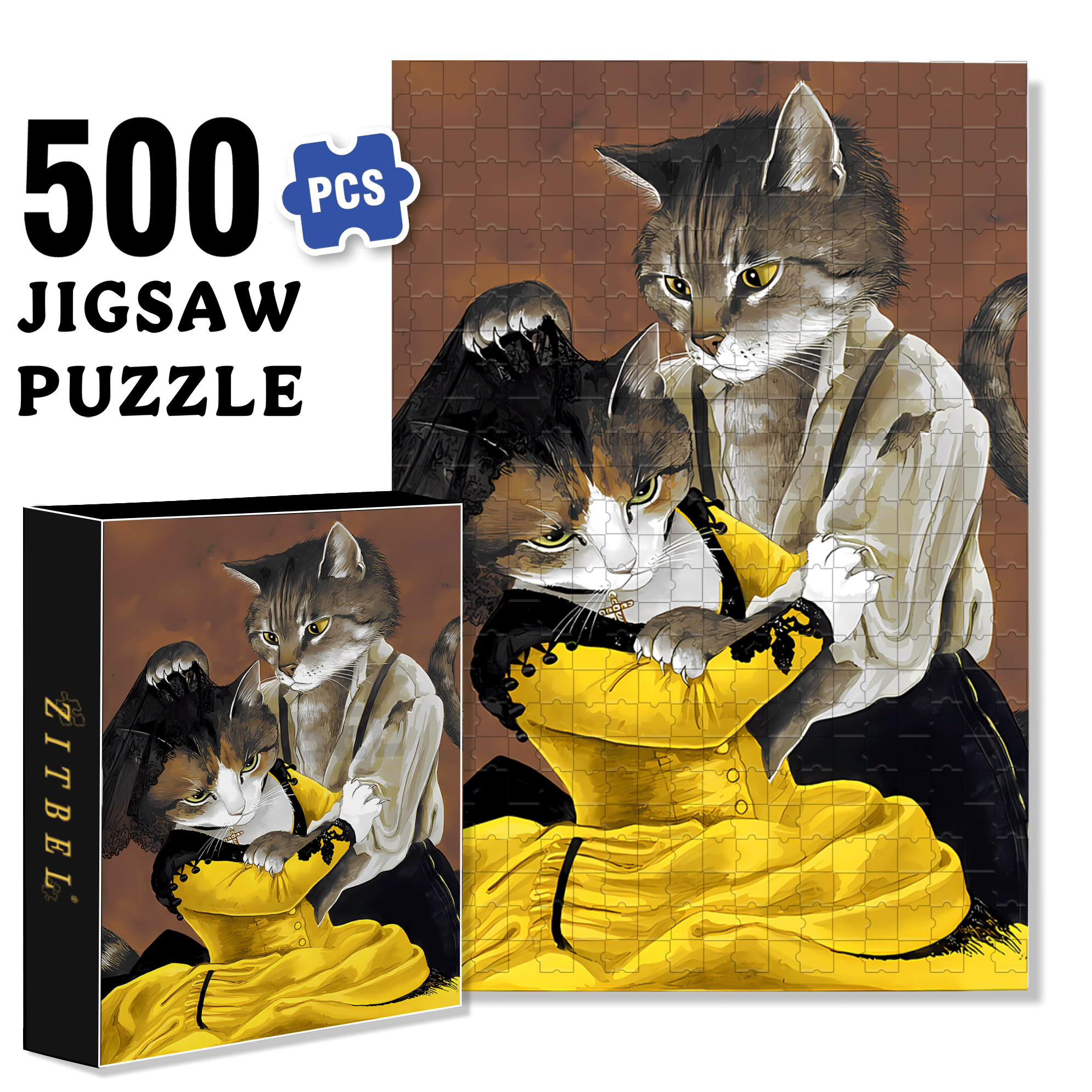 Fantastic Encounter between Cats and World Famous Paintings 6 500pcs/1000pcs Jigsaw Puzzle, Scratch-Resistant, Interactive Family Game & Brain-Boosting DIY Decor, Perfect for Halloween, Christmas & New Year Gifts, Family Puzzle Game
