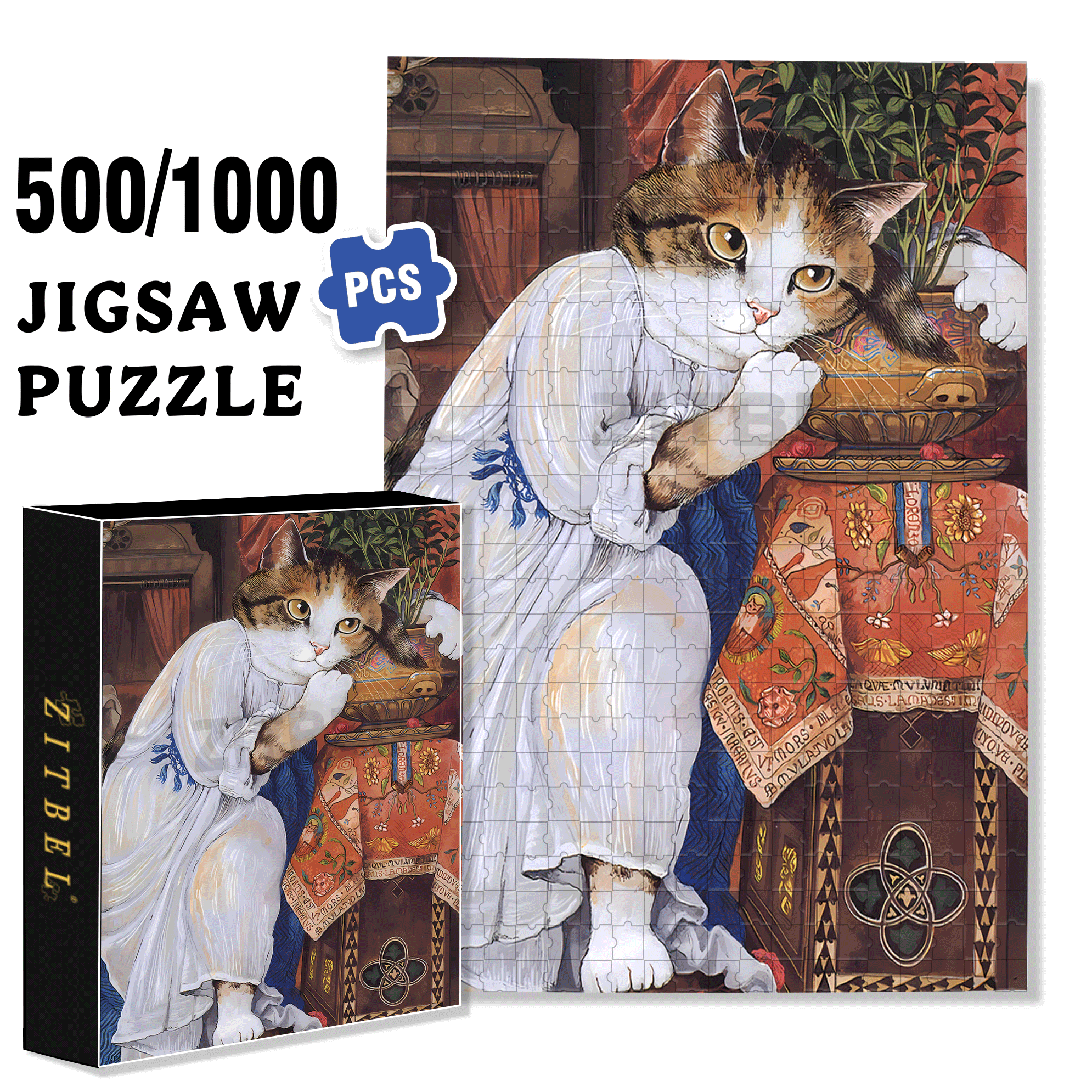 Fantastic Encounter between Cats and World Famous Paintings 7 500pcs/1000pcs Jigsaw Puzzle, Scratch-Resistant, Interactive Family Game & Brain-Boosting DIY Decor, Perfect for Halloween, Christmas & New Year Gifts, Family Puzzle Game