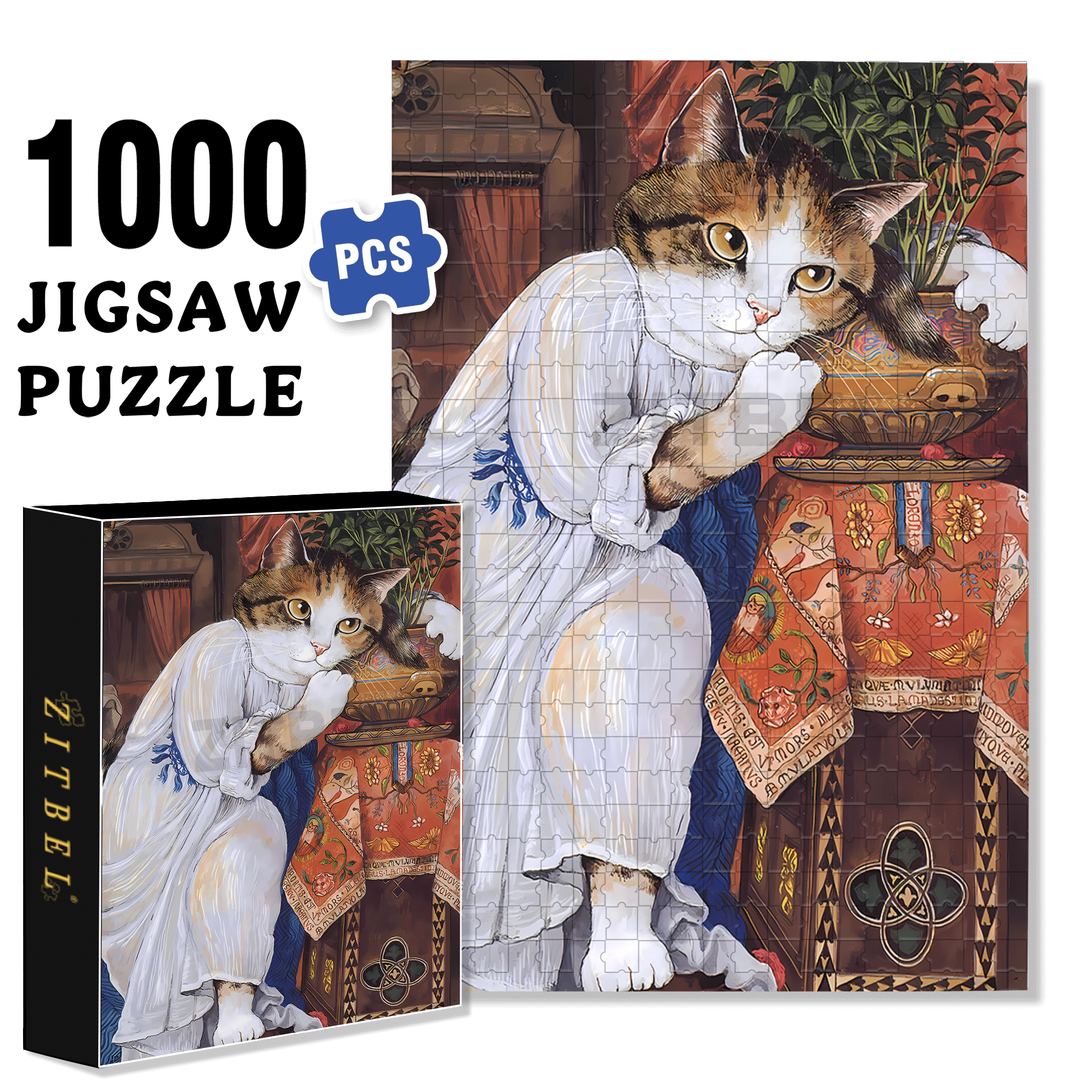 Fantastic Encounter between Cats and World Famous Paintings 7 500pcs/1000pcs Jigsaw Puzzle, Scratch-Resistant, Interactive Family Game & Brain-Boosting DIY Decor, Perfect for Halloween, Christmas & New Year Gifts, Family Puzzle Game