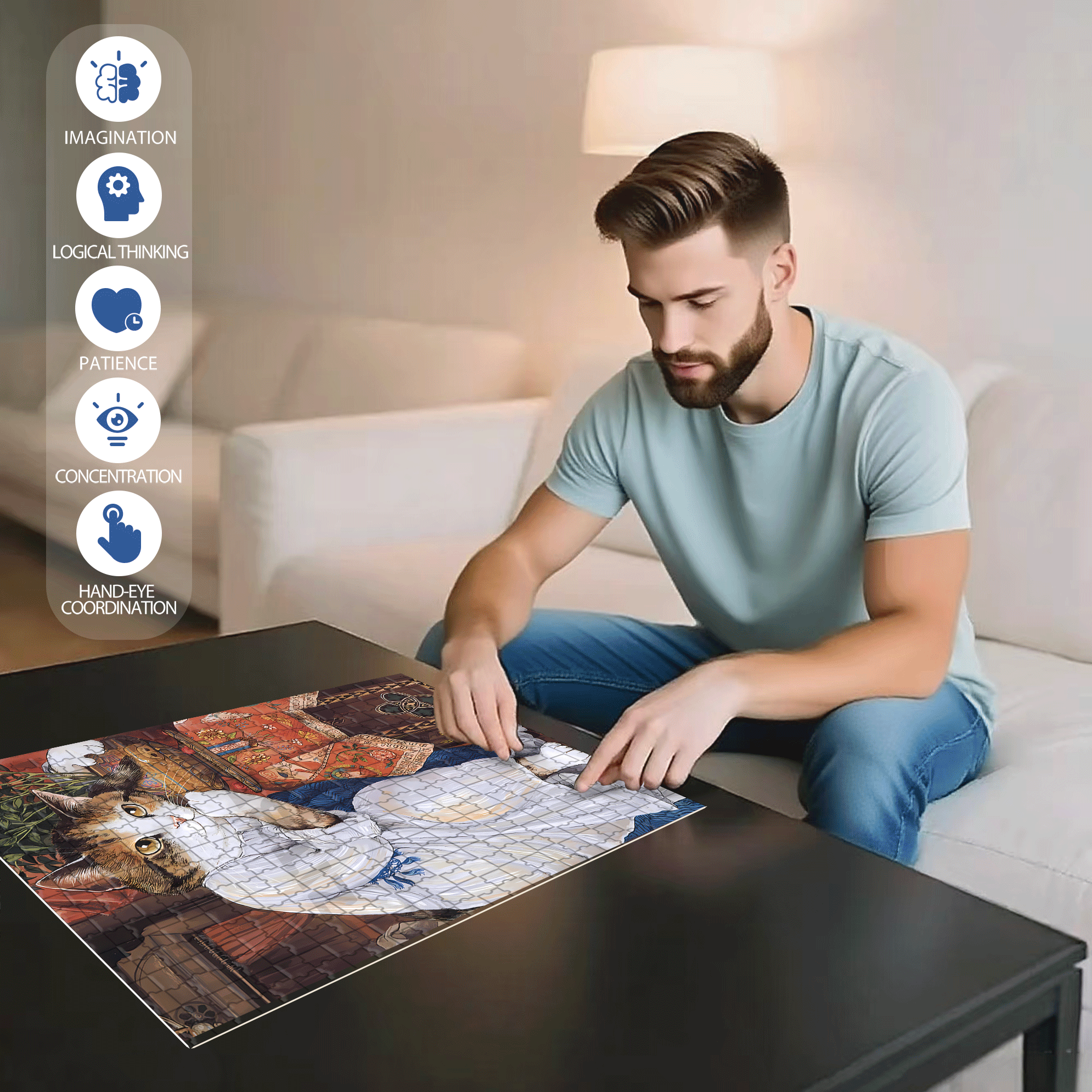 Fantastic Encounter between Cats and World Famous Paintings 7 500pcs/1000pcs Jigsaw Puzzle, Scratch-Resistant, Interactive Family Game & Brain-Boosting DIY Decor, Perfect for Halloween, Christmas & New Year Gifts, Family Puzzle Game