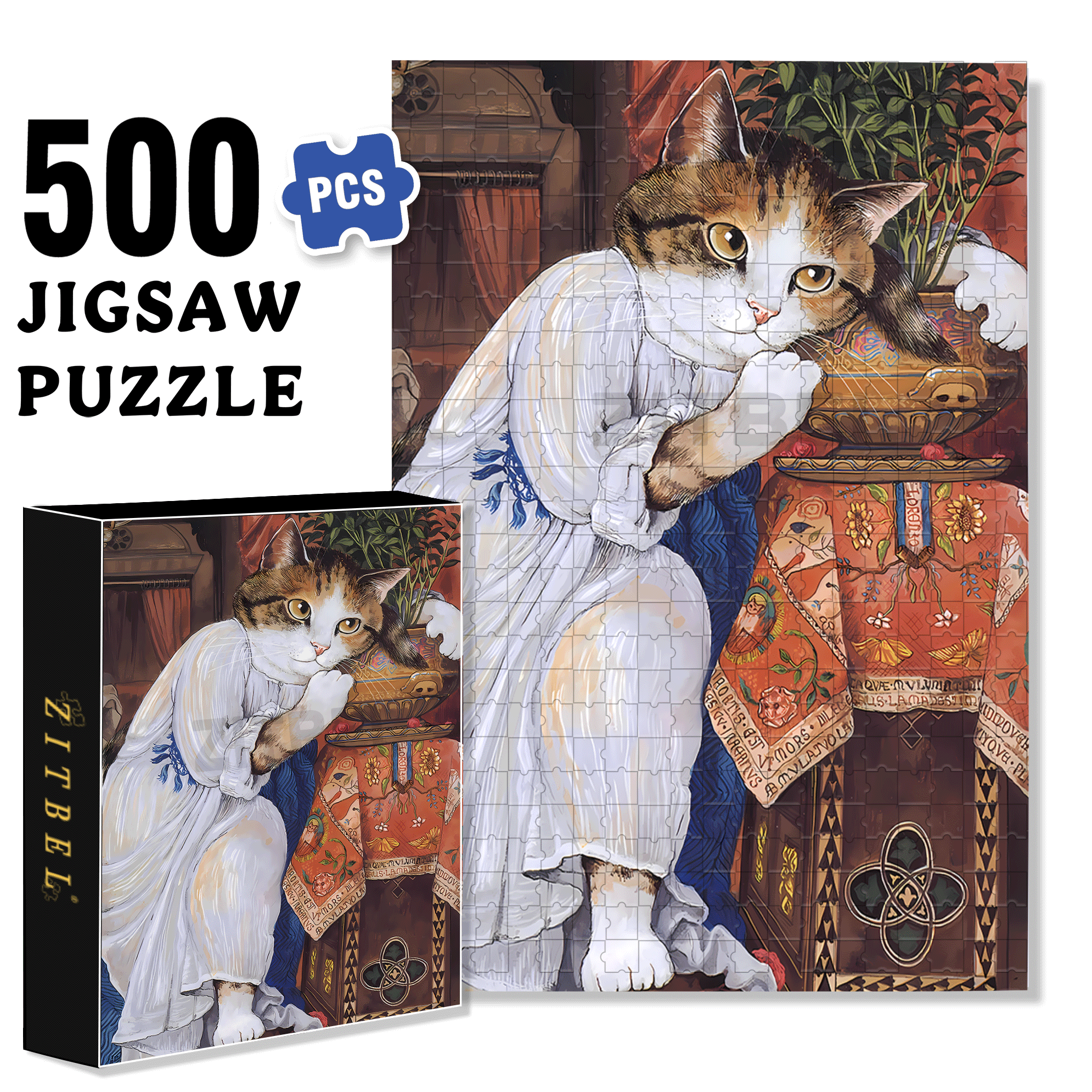 Fantastic Encounter between Cats and World Famous Paintings 7 500pcs/1000pcs Jigsaw Puzzle, Scratch-Resistant, Interactive Family Game & Brain-Boosting DIY Decor, Perfect for Halloween, Christmas & New Year Gifts, Family Puzzle Game