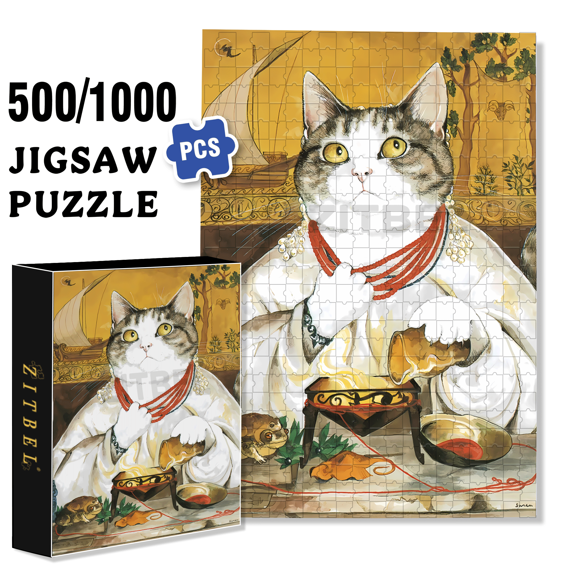 Fantastic Encounter between Cats and World Famous Paintings 8 500pcs/1000pcs Jigsaw Puzzle, Scratch-Resistant, Interactive Family Game & Brain-Boosting DIY Decor, Perfect for Halloween, Christmas & New Year Gifts, Family Puzzle Game