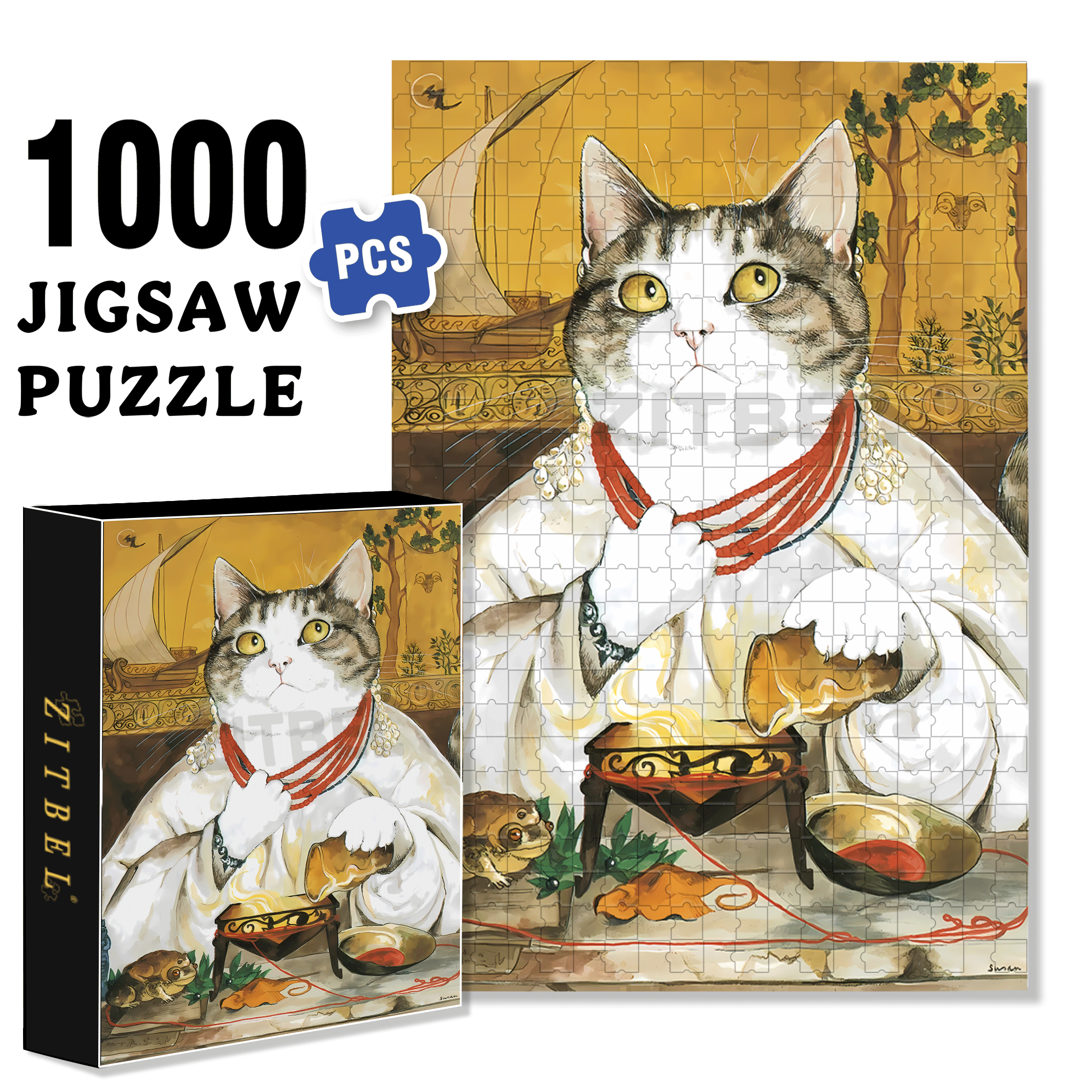 Fantastic Encounter between Cats and World Famous Paintings 8 500pcs/1000pcs Jigsaw Puzzle, Scratch-Resistant, Interactive Family Game & Brain-Boosting DIY Decor, Perfect for Halloween, Christmas & New Year Gifts, Family Puzzle Game