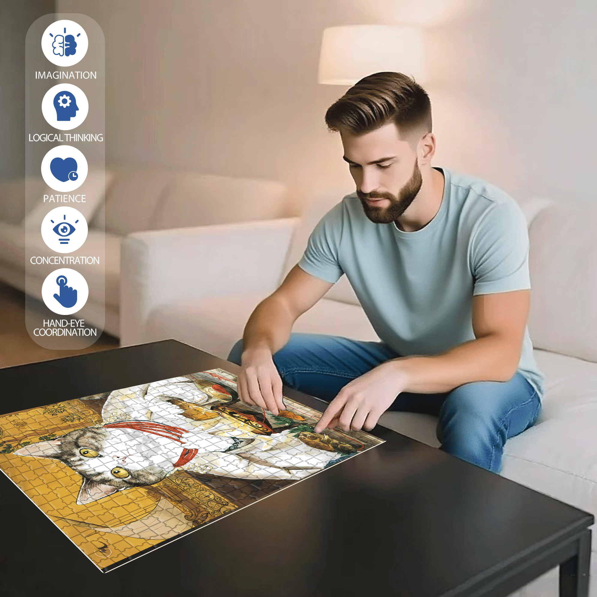 Fantastic Encounter between Cats and World Famous Paintings 8 500pcs/1000pcs Jigsaw Puzzle, Scratch-Resistant, Interactive Family Game & Brain-Boosting DIY Decor, Perfect for Halloween, Christmas & New Year Gifts, Family Puzzle Game