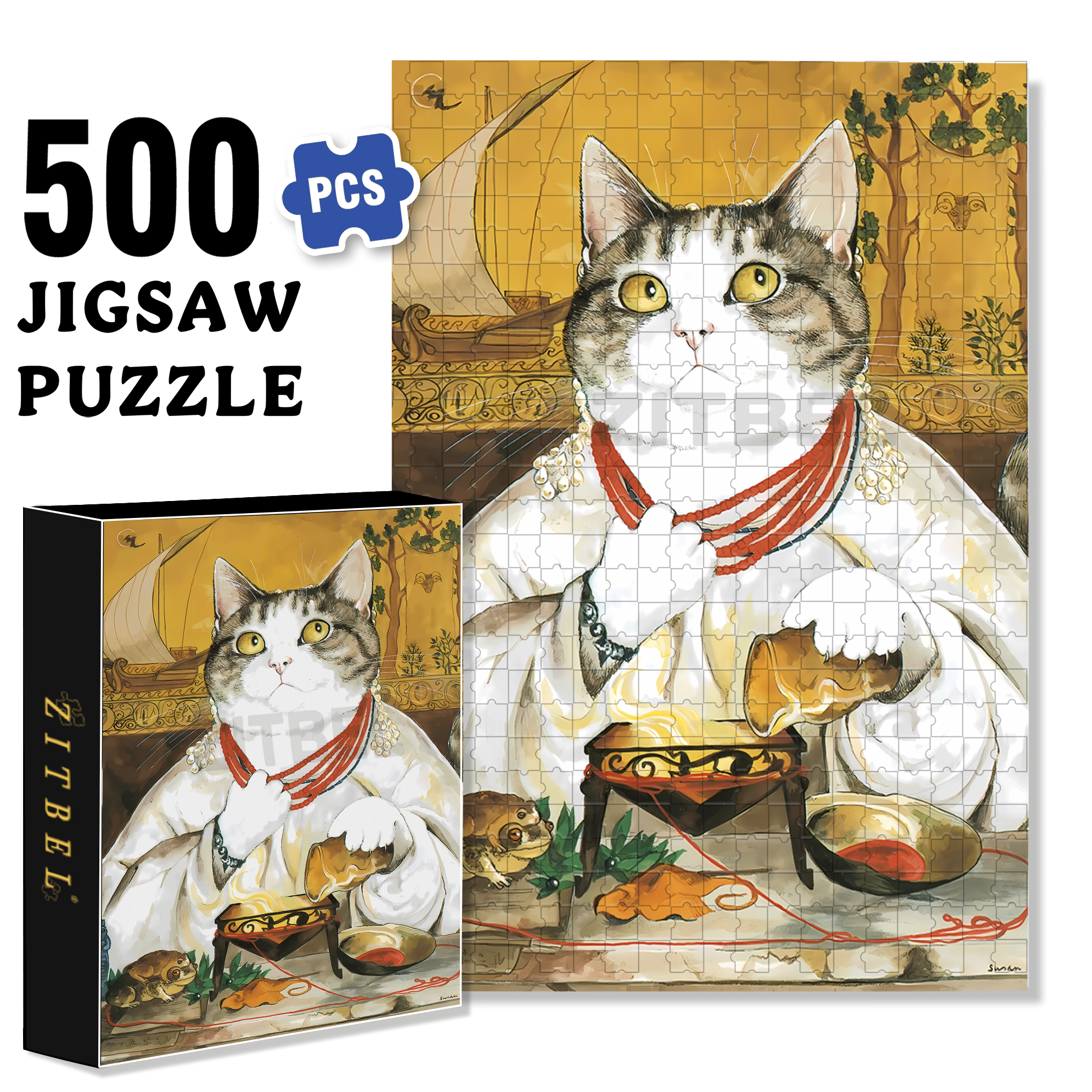 Fantastic Encounter between Cats and World Famous Paintings 8 500pcs/1000pcs Jigsaw Puzzle, Scratch-Resistant, Interactive Family Game & Brain-Boosting DIY Decor, Perfect for Halloween, Christmas & New Year Gifts, Family Puzzle Game