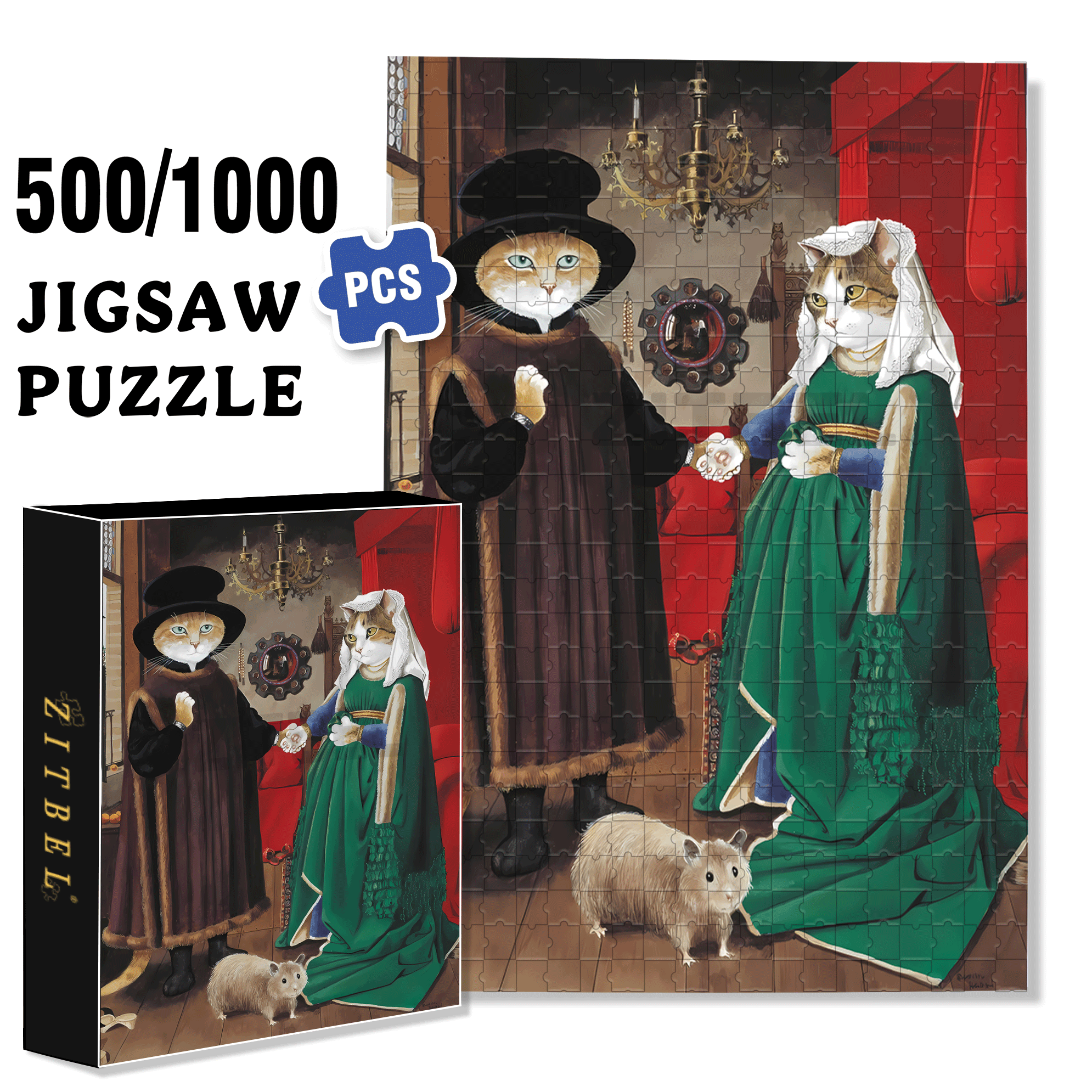 Fantastic Encounter between Cats and World Famous Paintings 9 500pcs/1000pcs Jigsaw Puzzle, Scratch-Resistant, Interactive Family Game & Brain-Boosting DIY Decor, Perfect for Halloween, Christmas & New Year Gifts, Family Puzzle Game