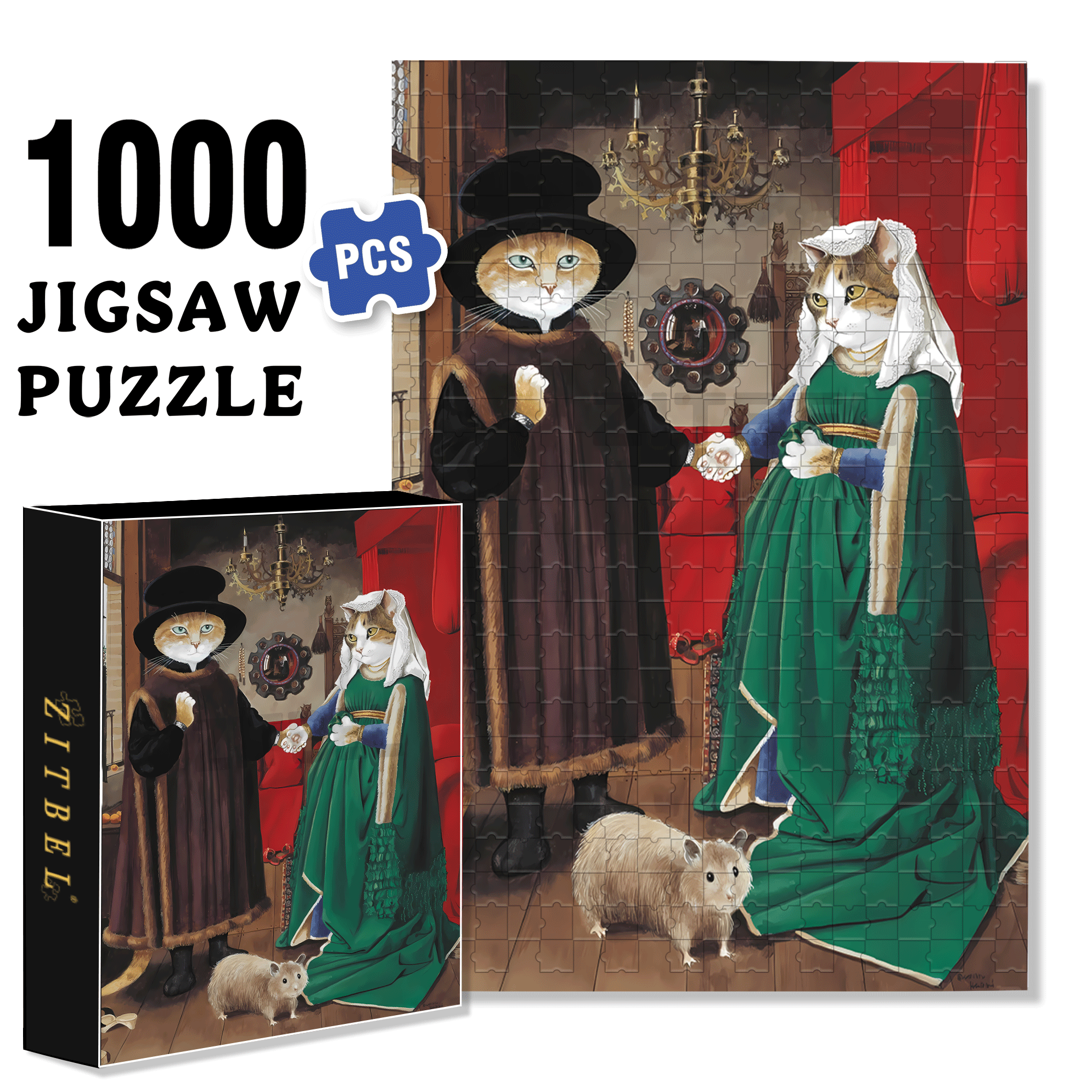 Fantastic Encounter between Cats and World Famous Paintings 9 500pcs/1000pcs Jigsaw Puzzle, Scratch-Resistant, Interactive Family Game & Brain-Boosting DIY Decor, Perfect for Halloween, Christmas & New Year Gifts, Family Puzzle Game